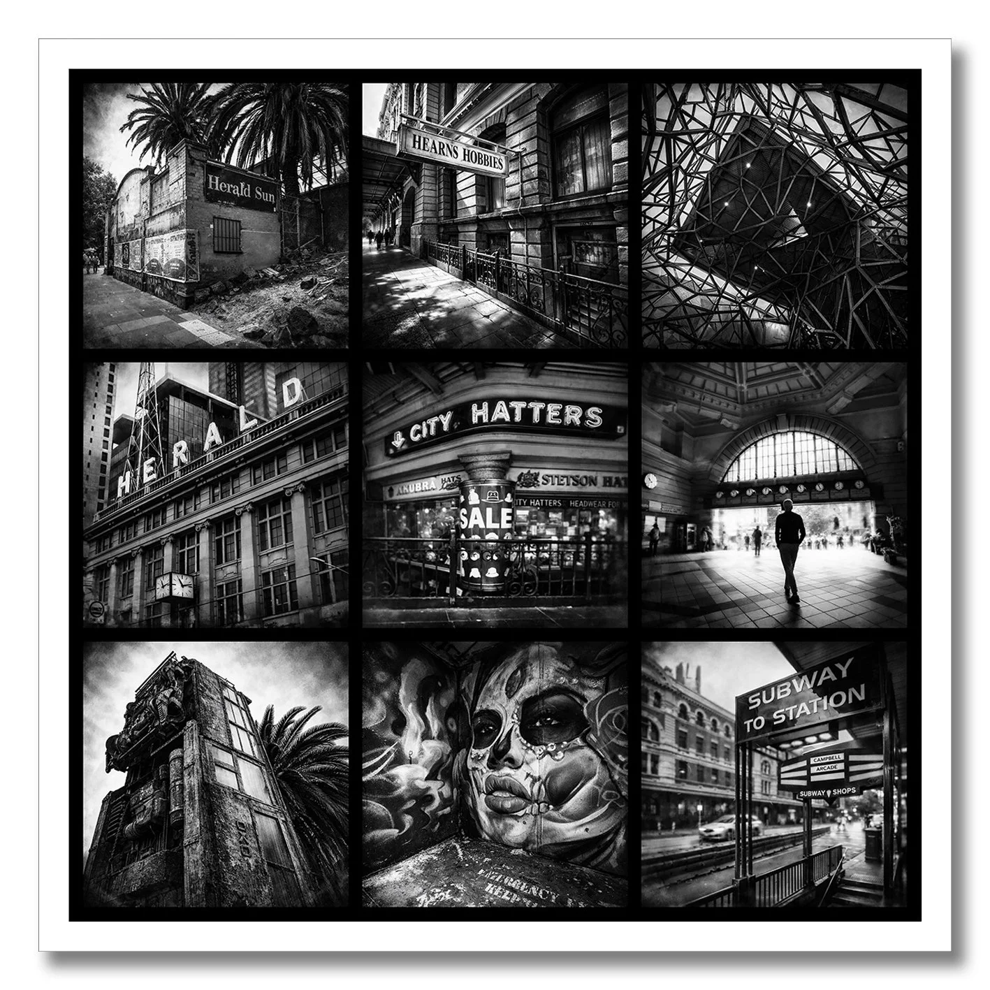 Black and white photograph collage of Flinders Street Melbourne architecture