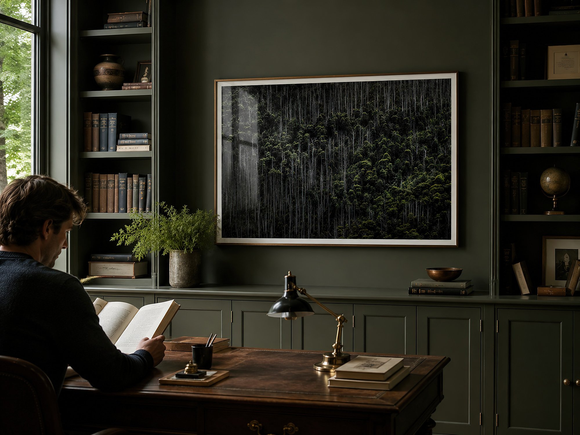 Dark green library study with a man reading beneath a timber-framed alpine forest photograph with glass reflections by Nick Psomiadis at NIKART Studio and Gallery