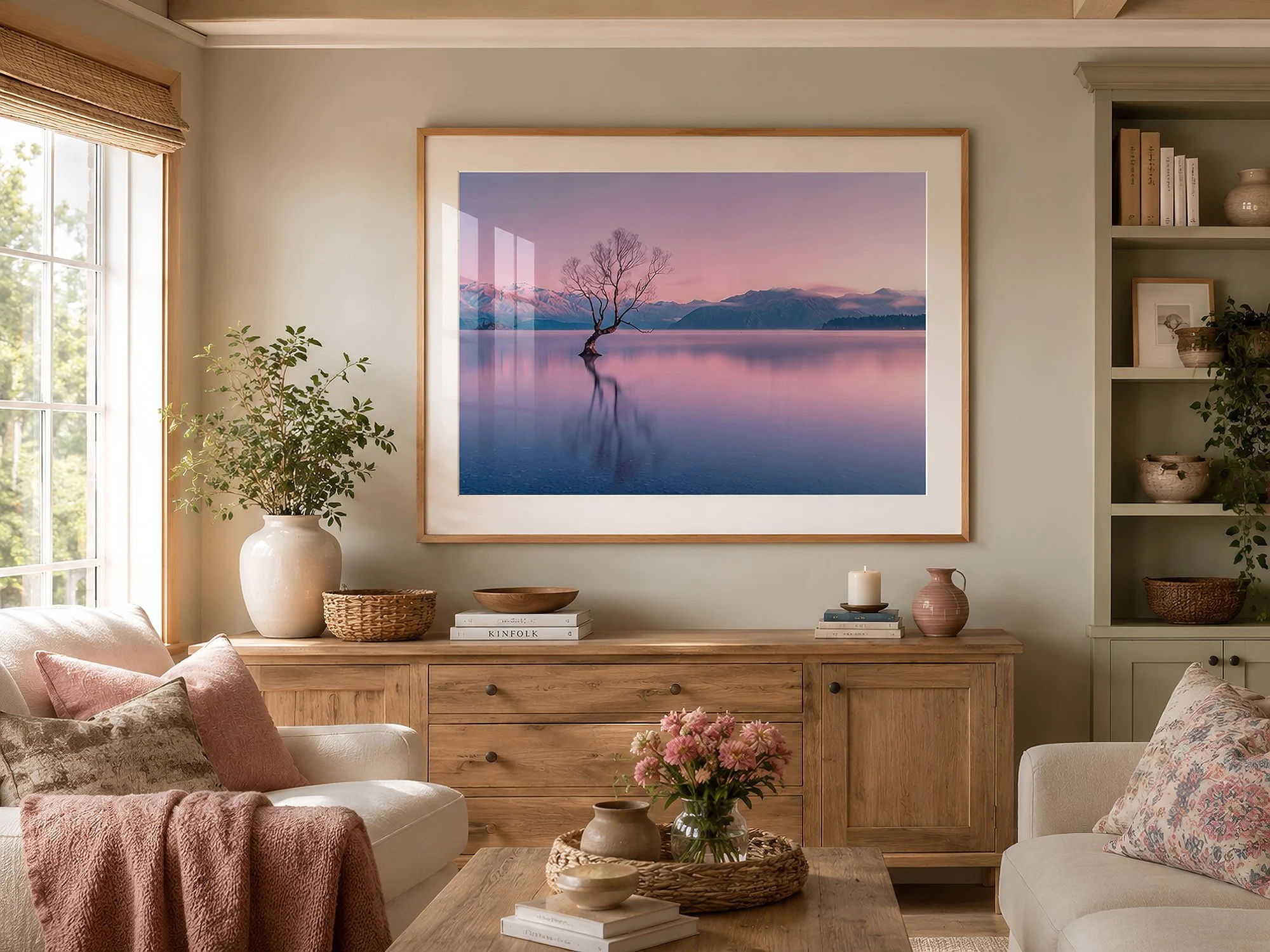 Framed Lake Wānaka tree photograph in a warm soft-toned living room with timber furniture, blush accents and sunlit windows by Nick Psomiadis at NIKART Studio and Gallery