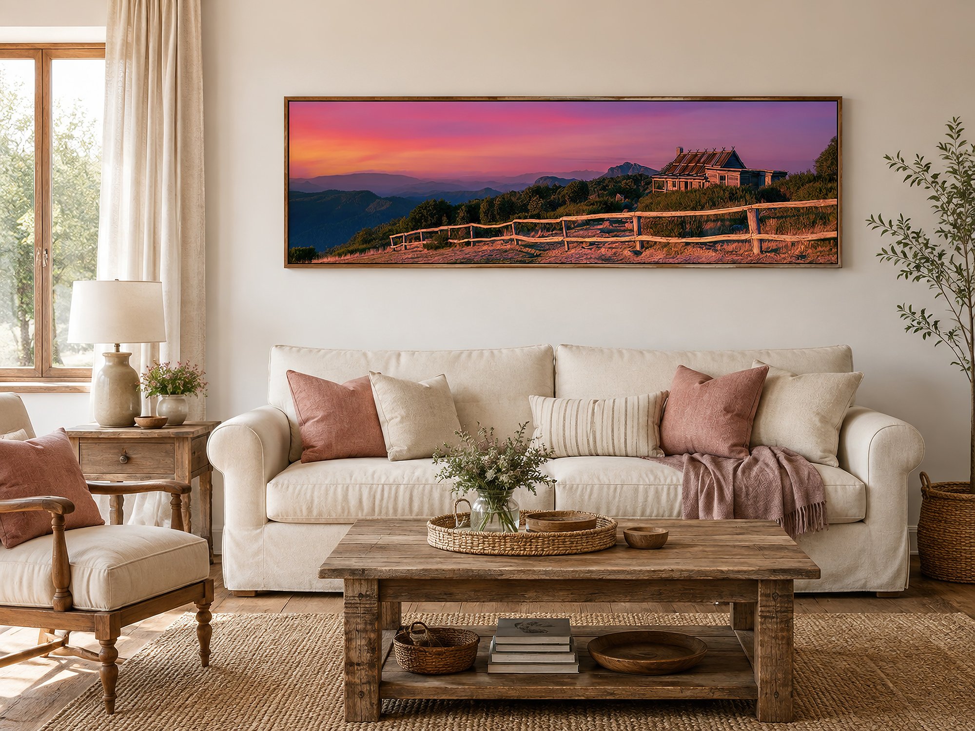 Panoramic Craig’s Hut sunset canvas with vivid pink skies, alpine ranges and a rustic fence above a cream sofa in a bright country-style living room with timber furniture and soft rose accents, by Nick Psomiadis at NIKART Studio and Gallery