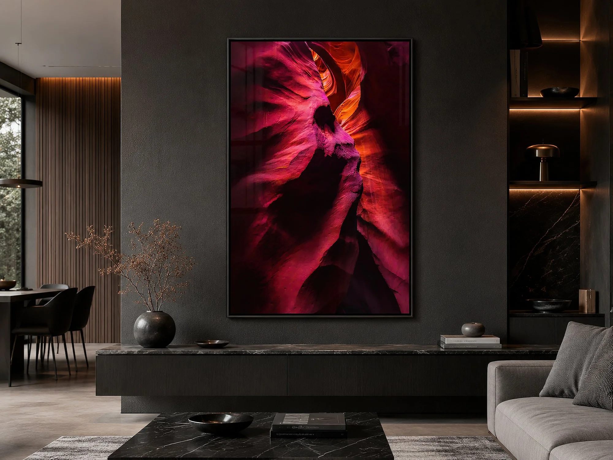 Framed Antelope Canyon photograph displayed without a mat behind subtly reflective glass in a modern dark-toned living room with sleek cabinetry and contemporary furnishings — Nick Psomiadis at NIKART Studio and Gallery.