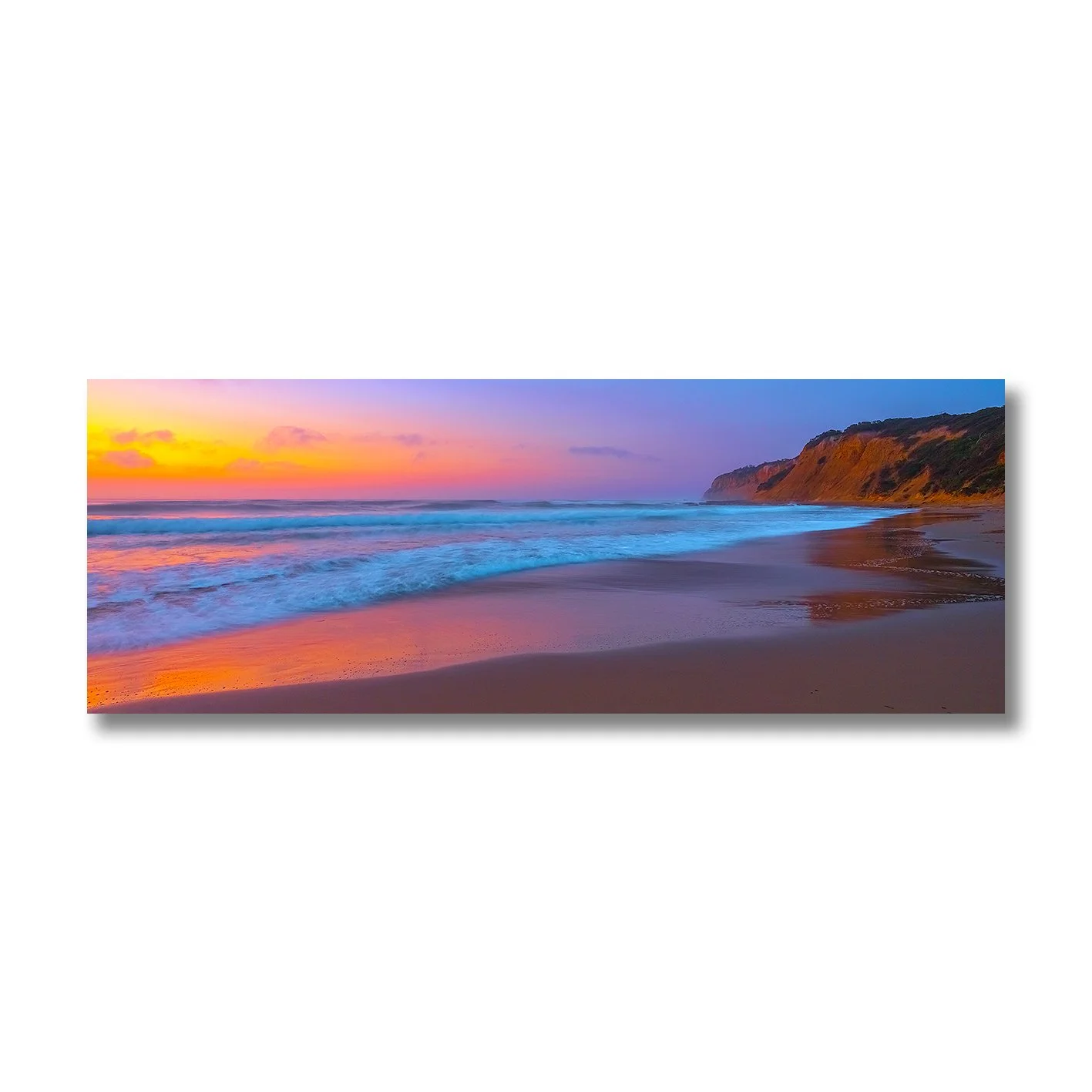 Fine art photograph of Sunnymeade Beach shoreline at sunset with sea cliffs