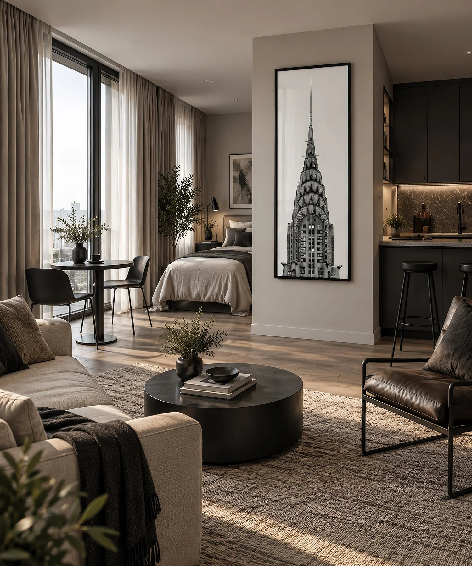Modern studio apartment with soft natural light, curtained windows and neutral minimalist furnishings, featuring a tall black-framed black-and-white Chrysler Building photograph on a central wall by Nick Psomiadis at NIKART Studio and Gallery
