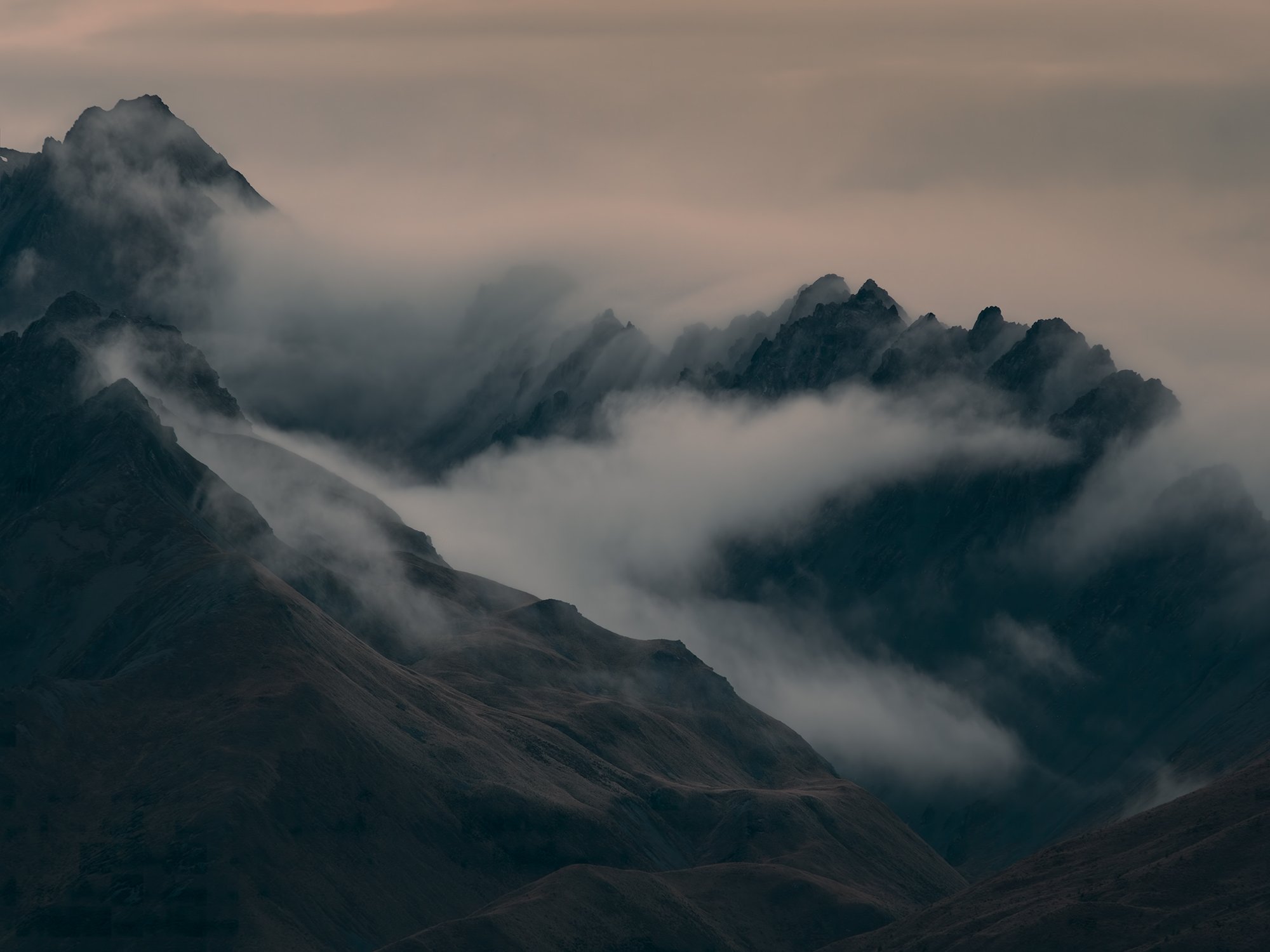 Mountain ridges emerging through cloud in the Southern Alps, fine art photography