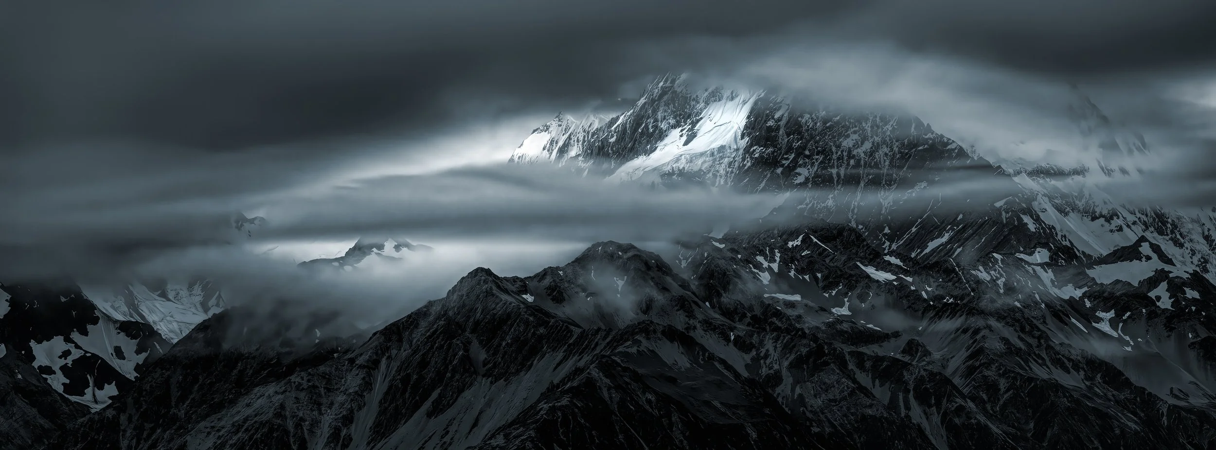 Panoramic black and white fine art of New Zealand's Southern Alps by NIKART.