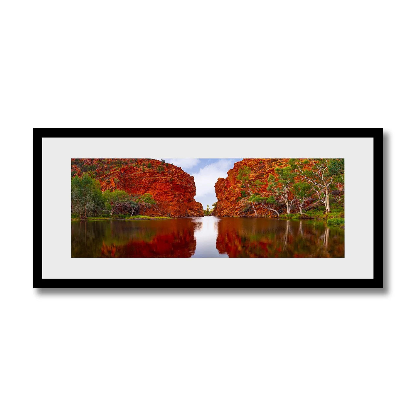 fine art photograph of ellery creek big hole nt with red cliffs and still reflections