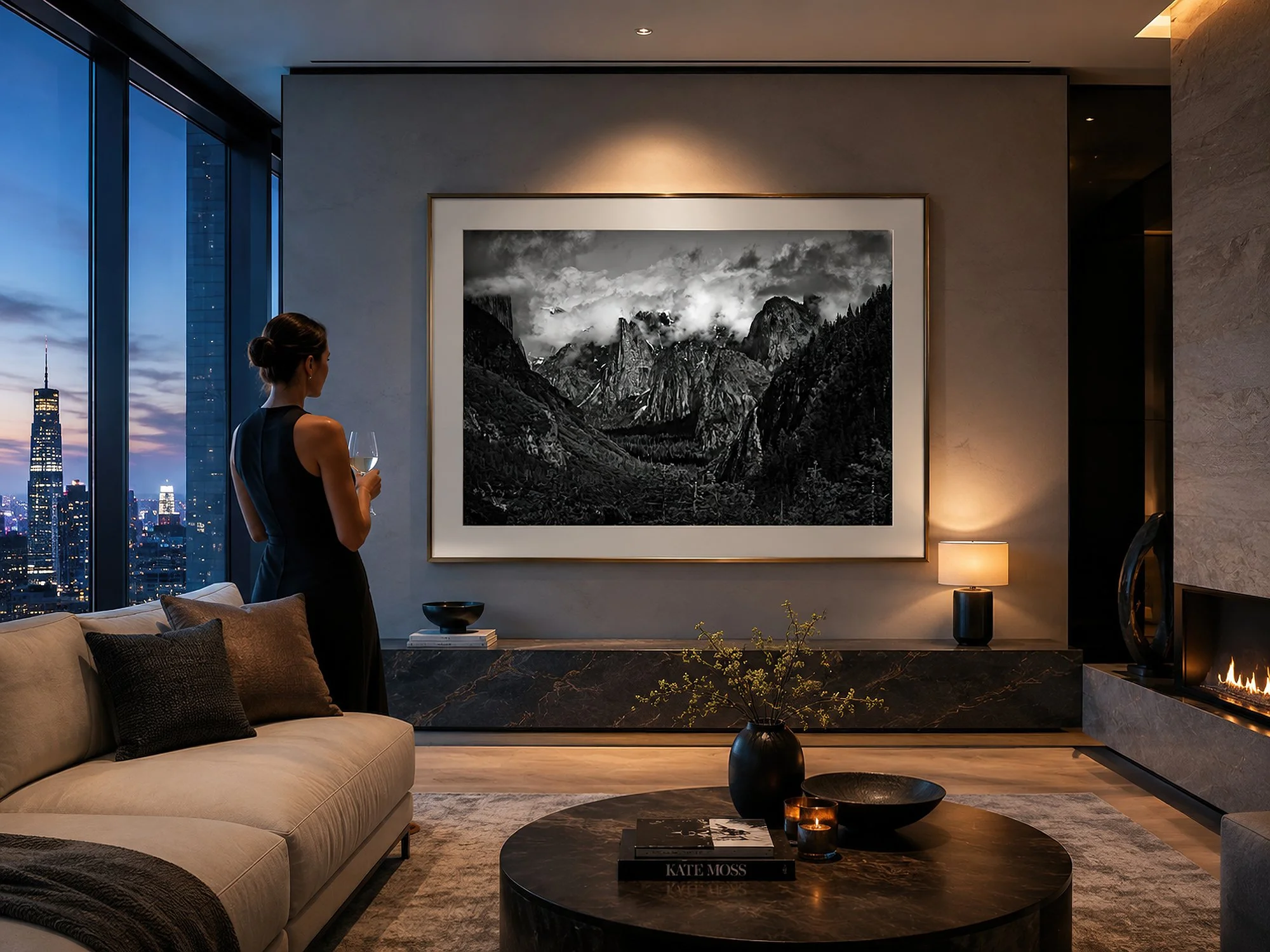 Framed black-and-white Yosemite photograph displayed in a luxurious city apartment with a woman standing nearby.