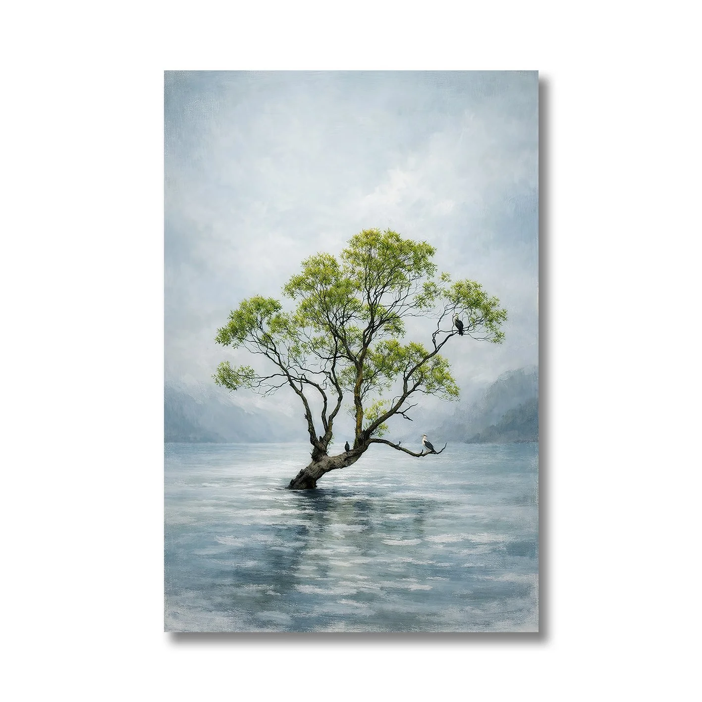 Photograph of the Wanaka Tree in water with a soft painterly effect and misty background