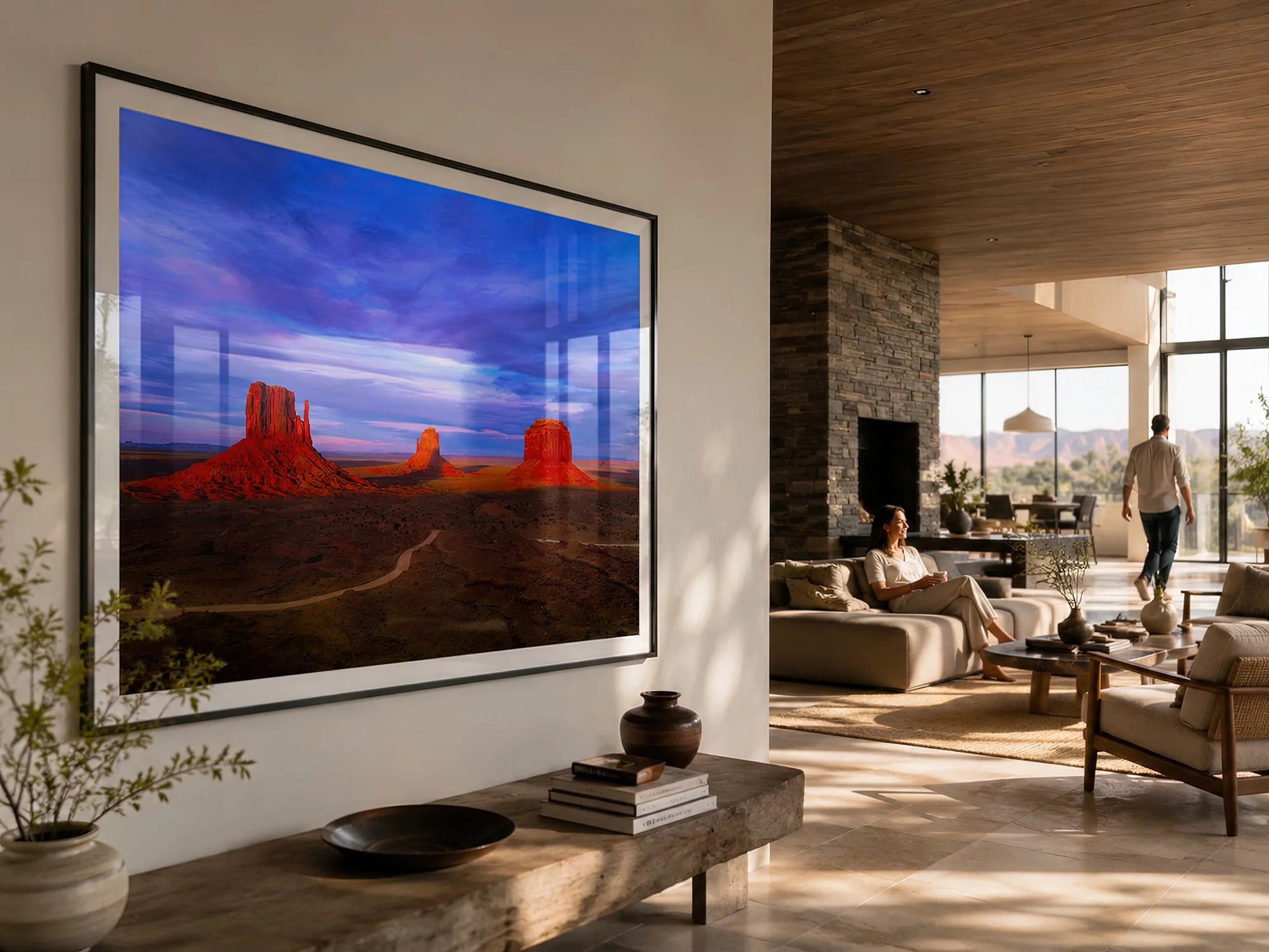 Close-up of a black-framed Monument Valley photograph in a bright modern living room with one seated person and one walking in the sunlit background by Nick Psomiadis at NIKART Studio and Gallery
