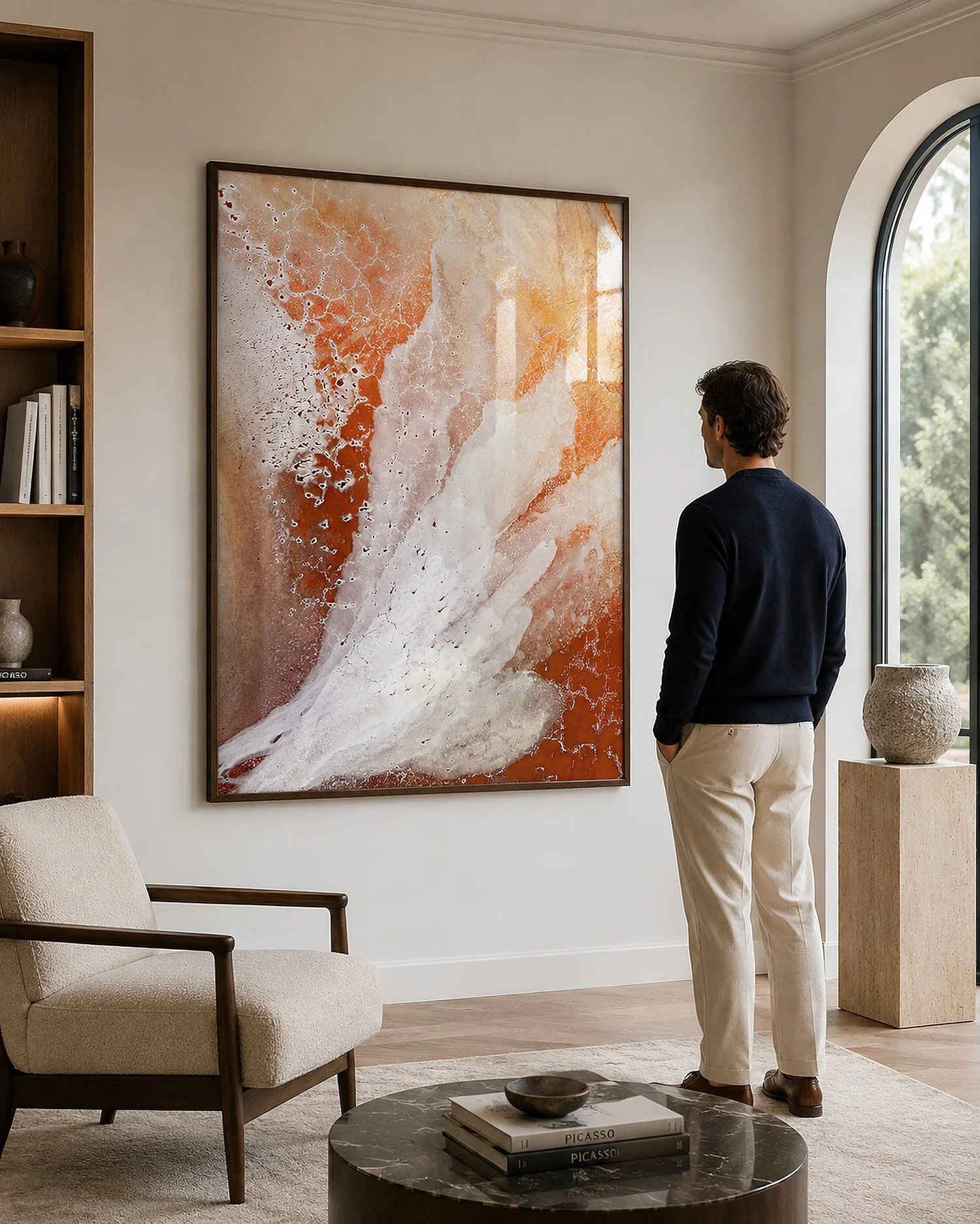 Bright modern sitting room with a man viewing a framed orange and cream abstract photograph beside an arched window by Nick Psomiadis at NIKART Studio and Gallery