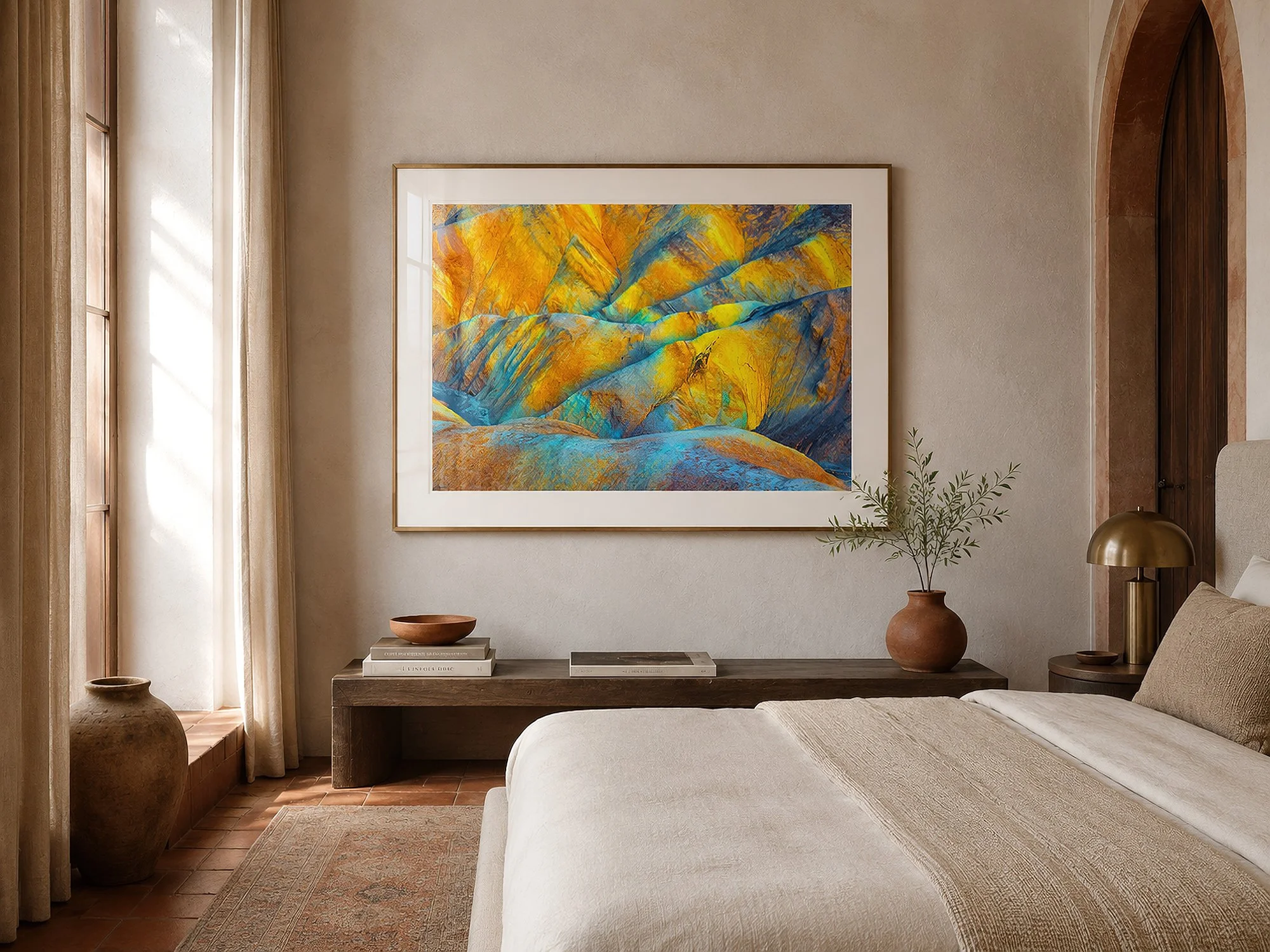 Framed Painted Dunes photograph displayed behind lightly reflective glass in a serene Mediterranean-style bedroom with warm neutral décor.
