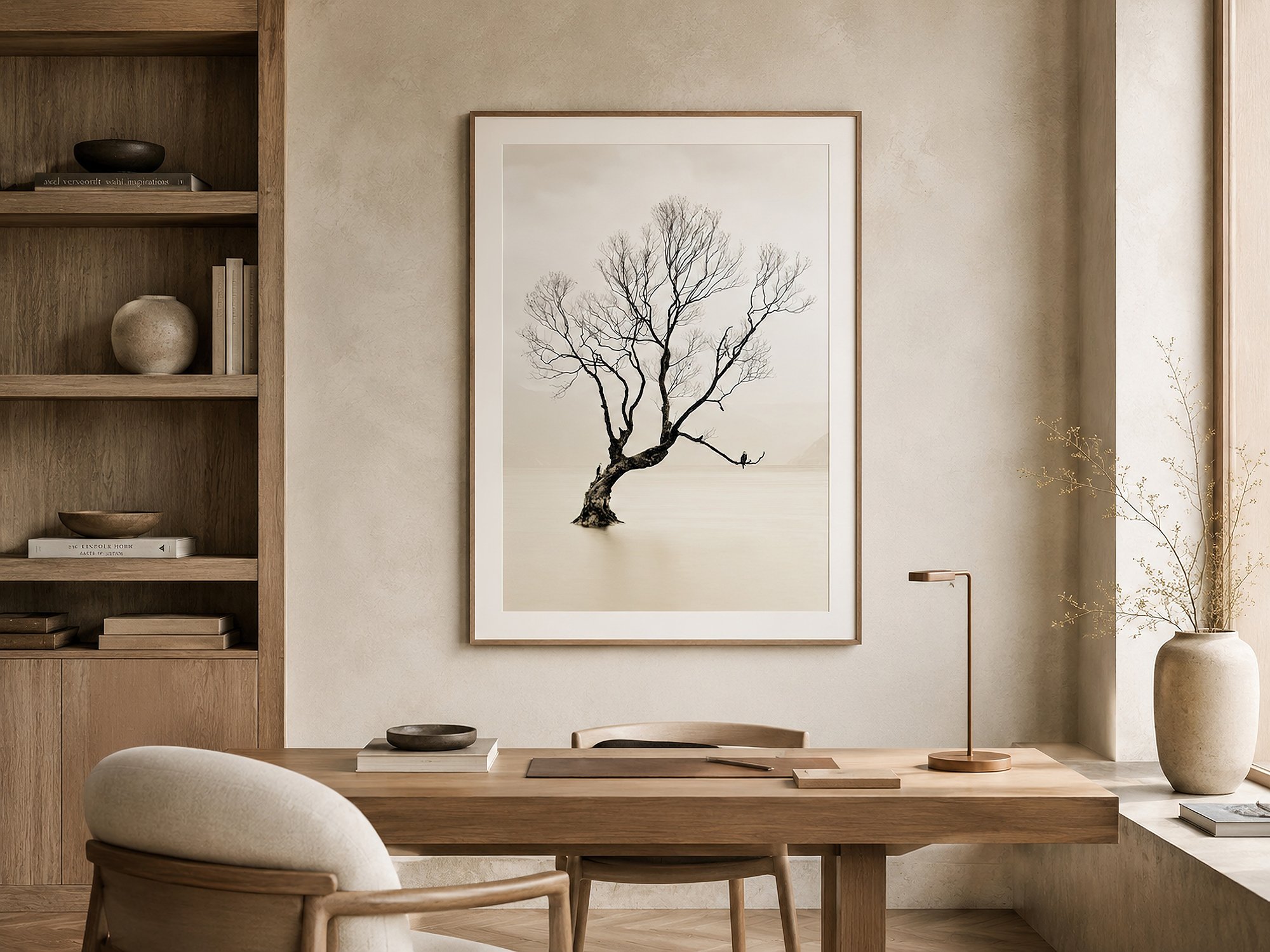Framed minimalist tree photograph above a timber desk in a serene home study with built-in shelving, natural light and neutral décor by Nick Psomiadis at NIKART Studio and Gallery