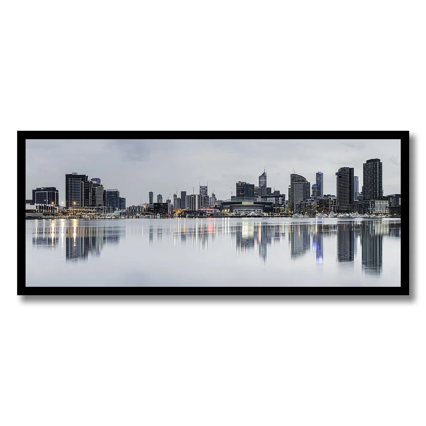 fine art photograph of melbourne docklands skyline in winter with calm water reflections