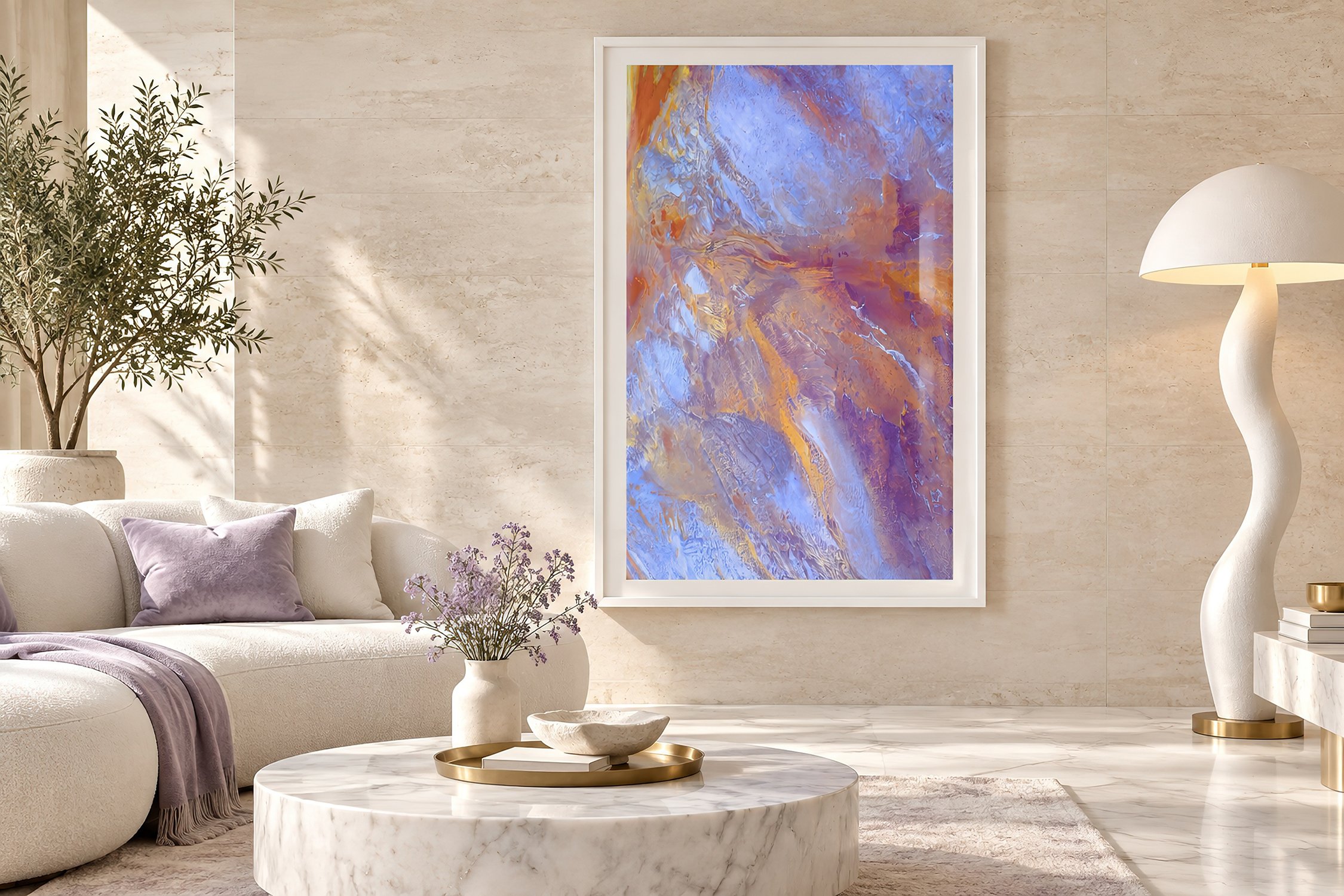 Halite Horizons #3 abstract photography print with white mat and frame in a luxury living room.