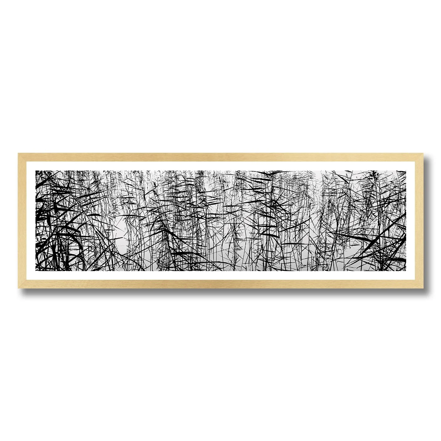 Black and white photograph of tangled reeds reflected across still water.