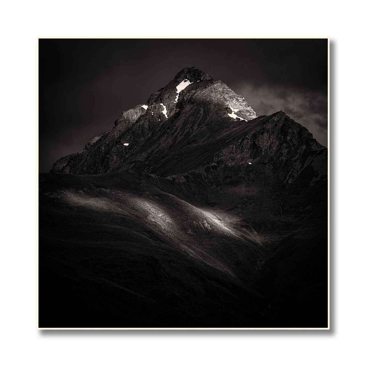 Black and white mountain landscape photograph in New Zealand