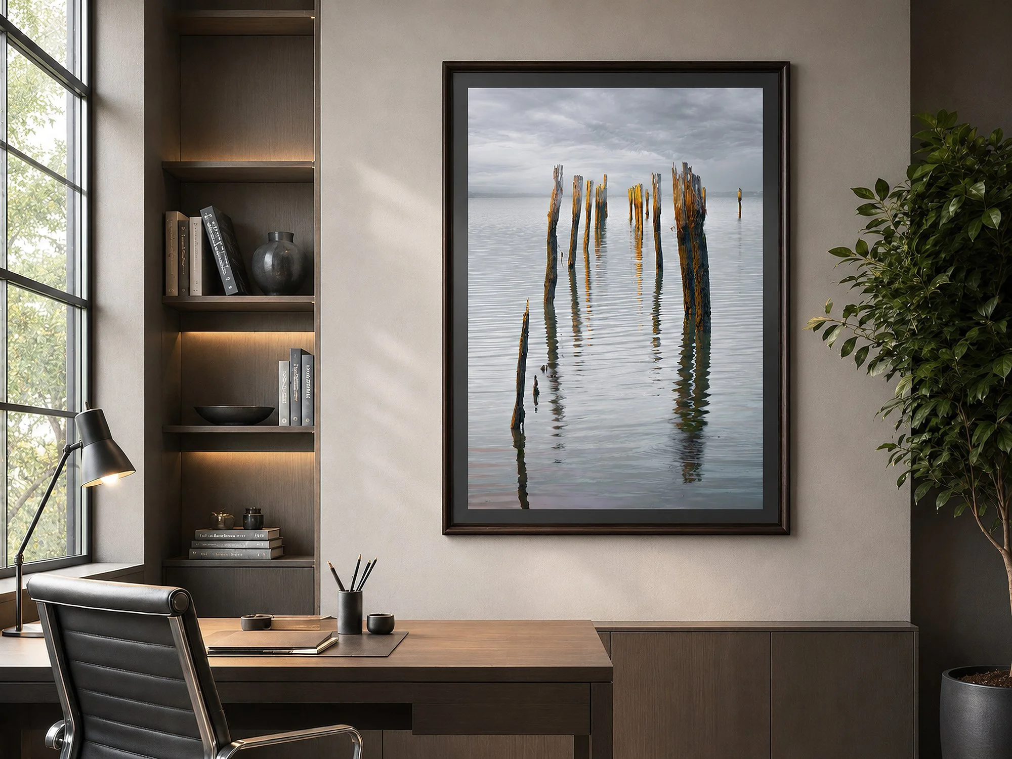 Bright contemporary men’s study with natural window light, dark timber furniture and a framed coastal photograph of weathered jetty posts reflecting in calm water, by Nick Psomiadis at NIKART Studio and Gallery