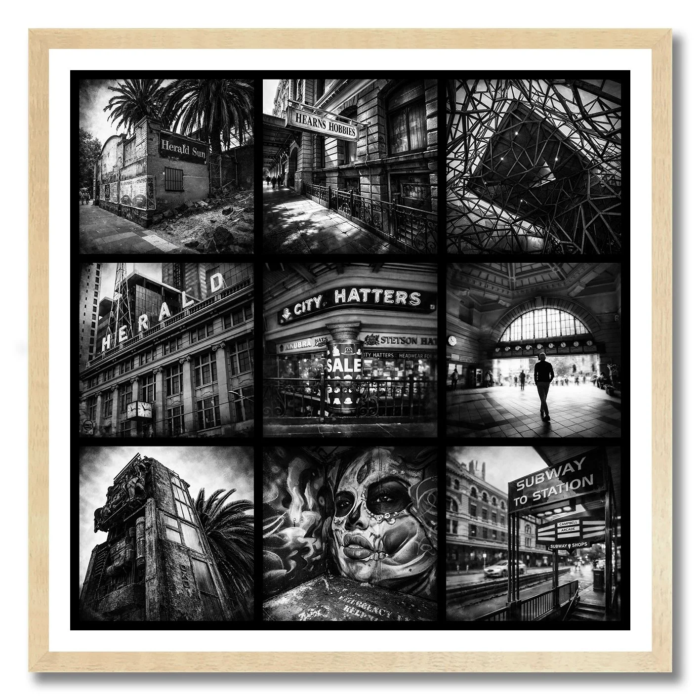 Black and white photograph collage of Flinders Street Melbourne architecture