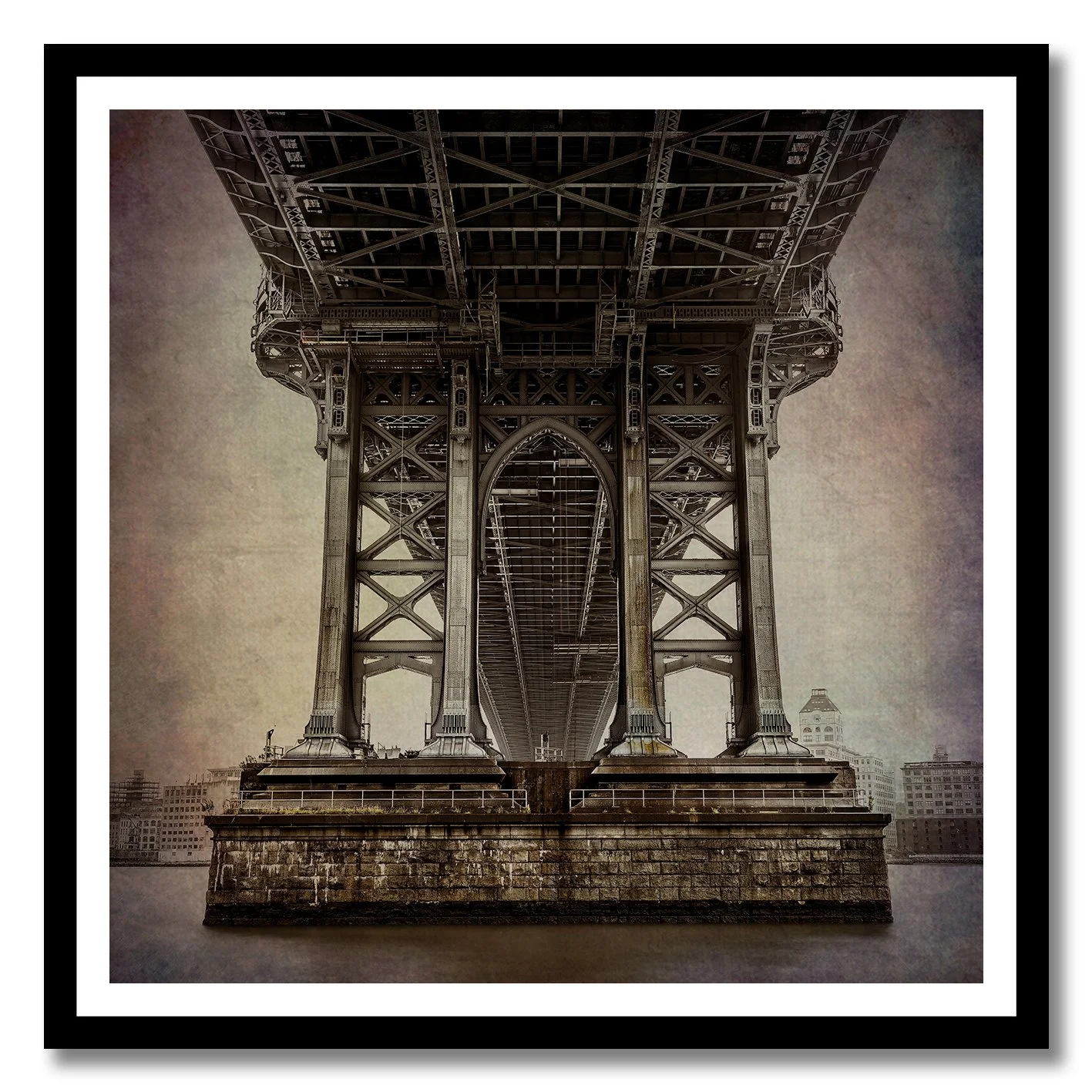 Fine art photograph of bridge architecture from below with grunge texture tones