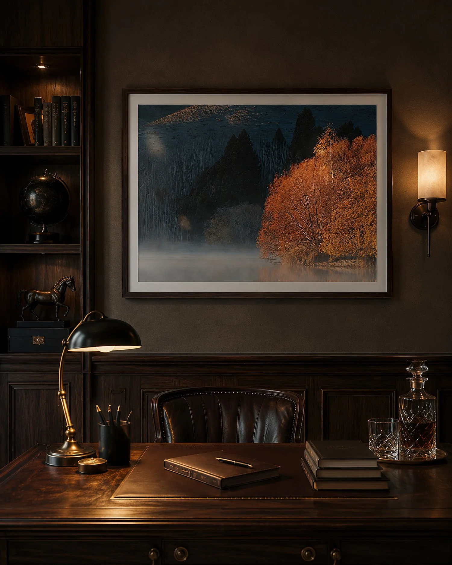 Luxury dark timber study with a framed autumn lakeside photograph above a leather desk, illuminated by warm lamps with subtle glass reflections by Nick Psomiadis at NIKART Studio and Gallery