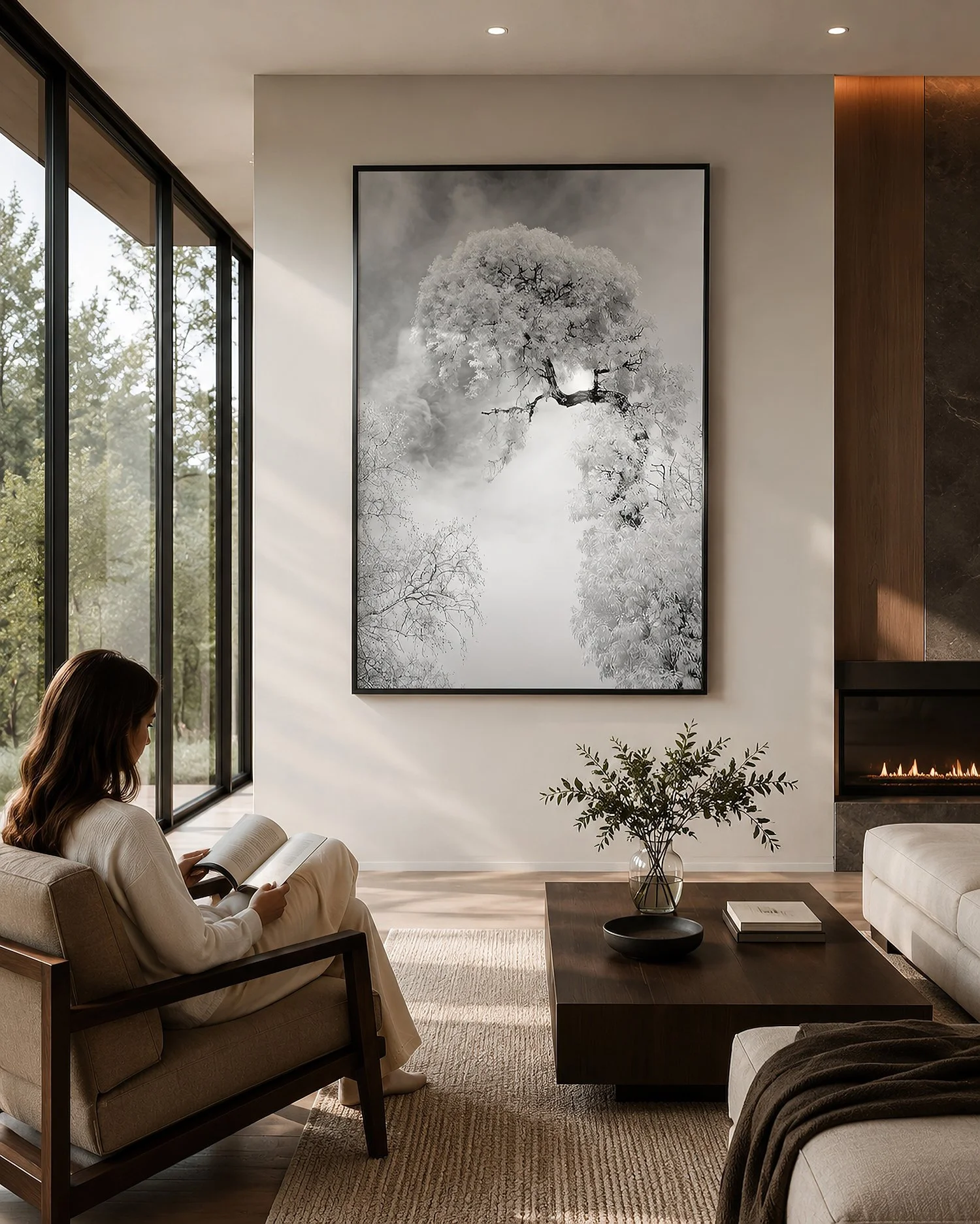 Framed black-and-white infrared tree photograph in a bright modern minimalist living room with natural daylight, warm interior lighting, a fireplace, and a seated woman reading, by Nick Psomiadis at NIKART Studio and Gallery