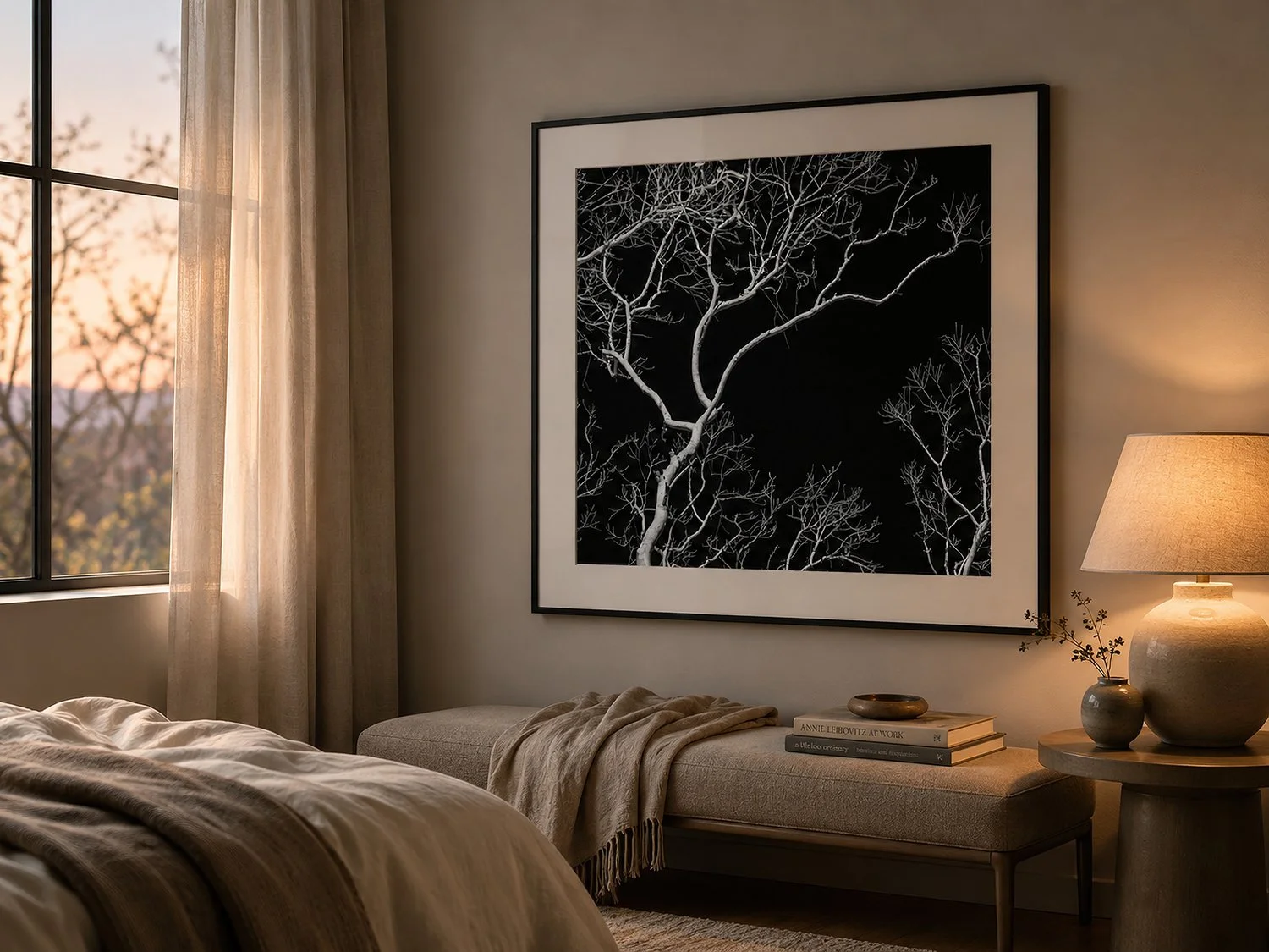 NIKART Studio and Gallery framed black and white tree branch artwork in a warm bedroom interior