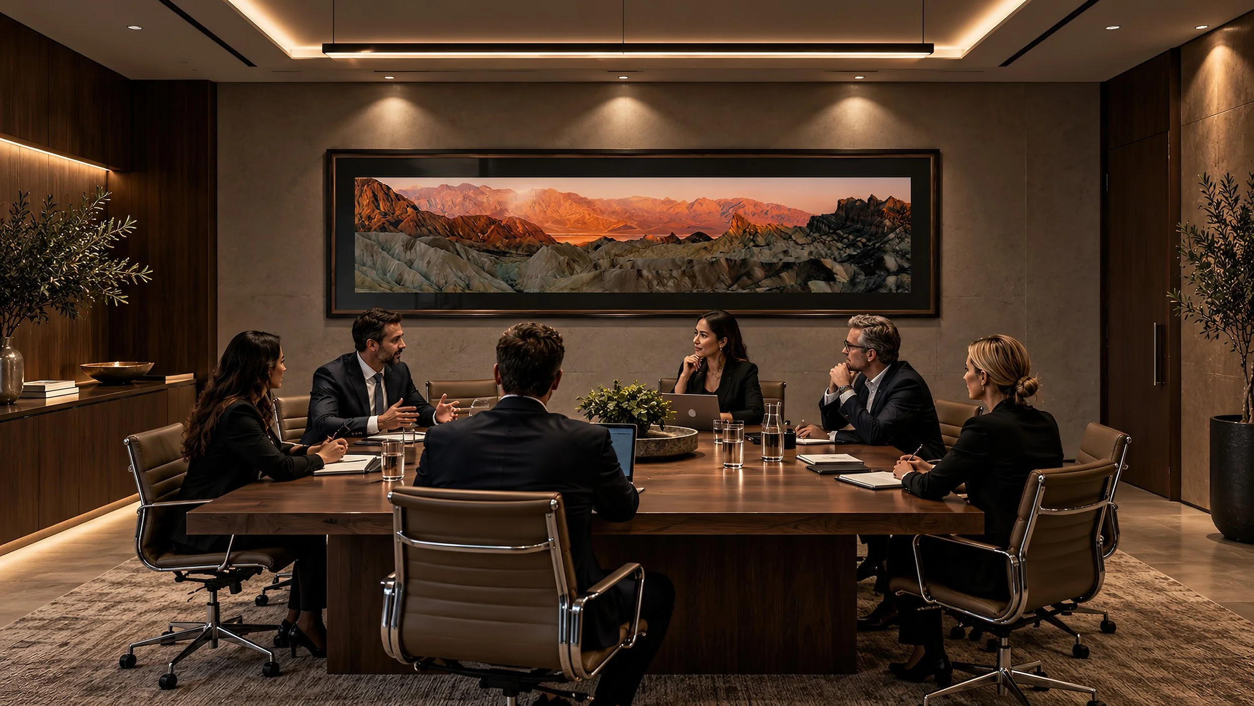 Professional windowless boardroom with six staff in discussion, featuring a wide desert panorama in a dark timber frame with black matting and subtle glass reflections by Nick Psomiadis at NIKART Studio and Gallery