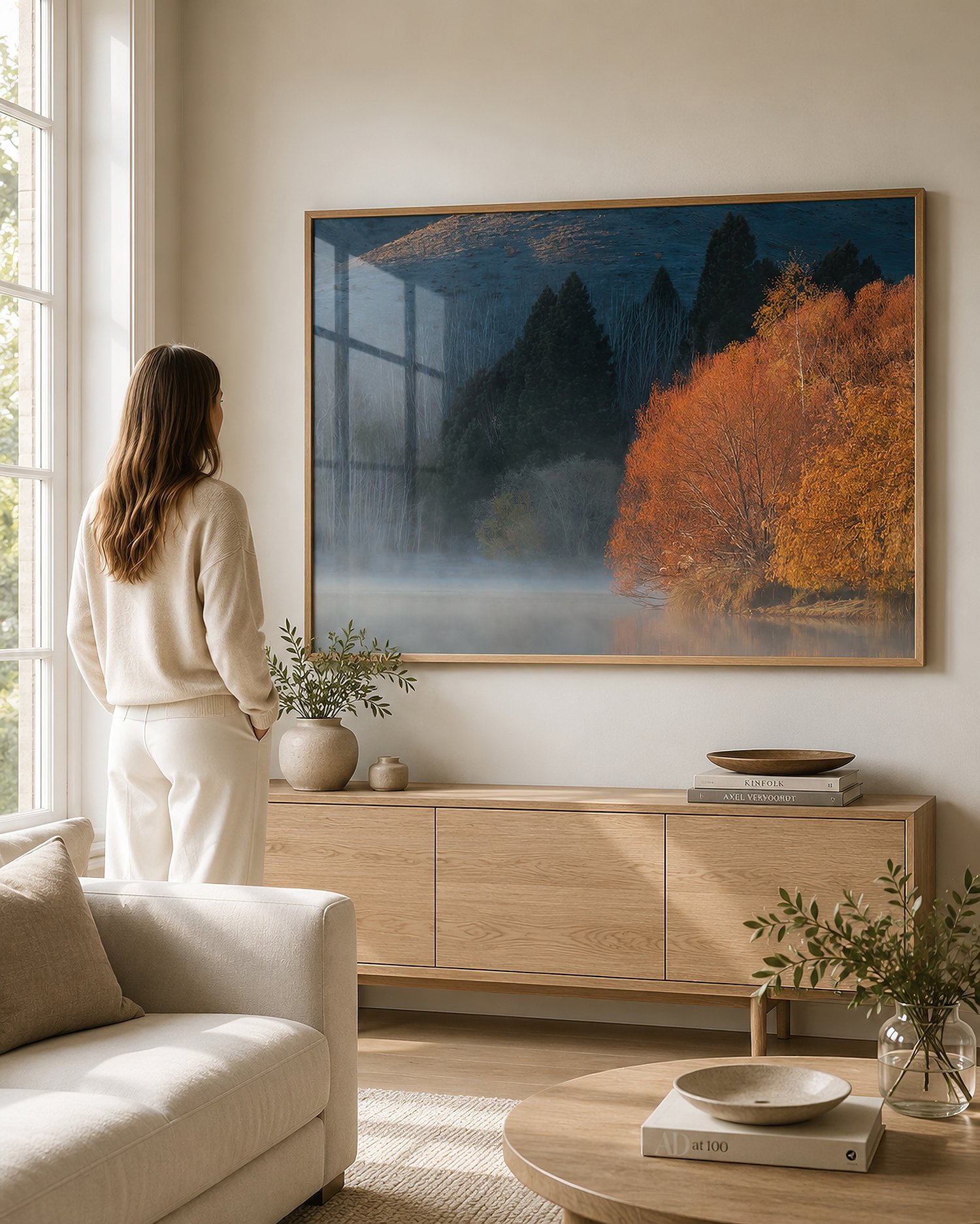 Bright modern living room with a woman viewing a large framed autumn lakeside photograph with glass reflections above a light timber sideboard by Nick Psomiadis at NIKART Studio and Gallery