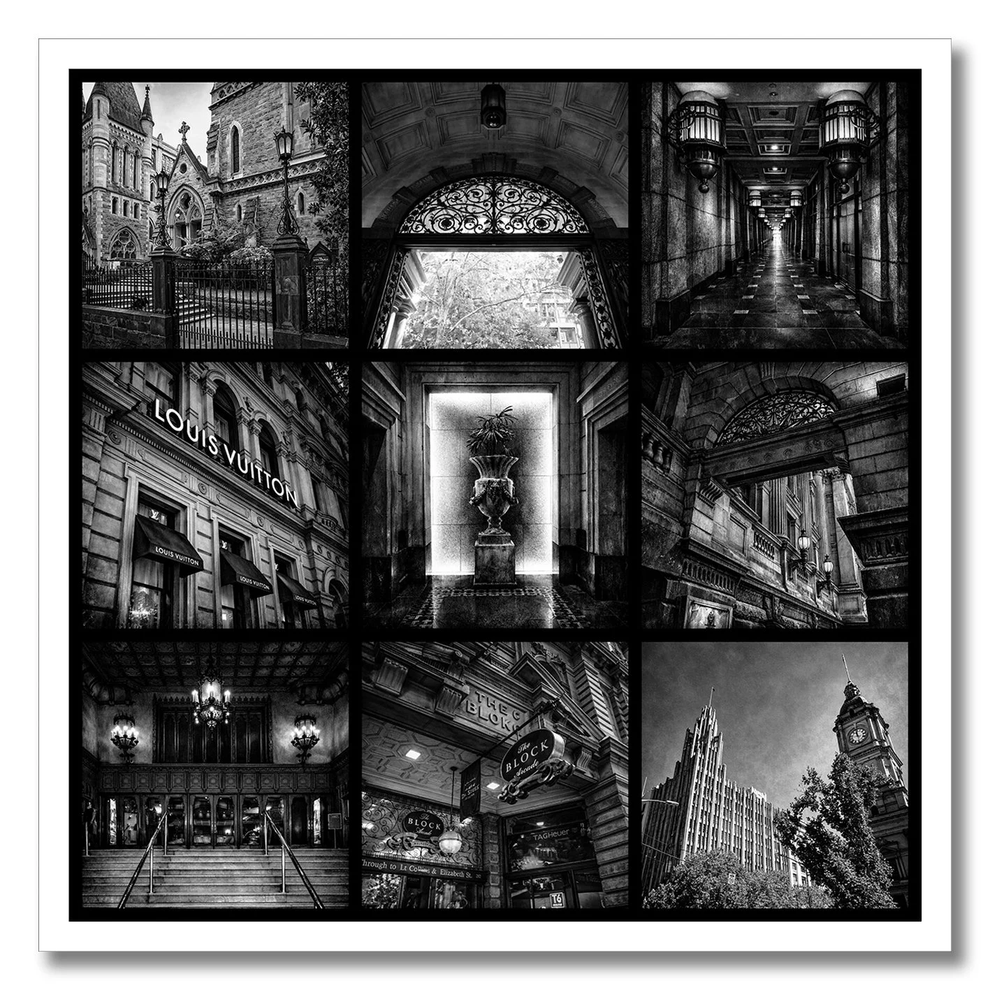 black and white photography collage of collins street melbourne architecture