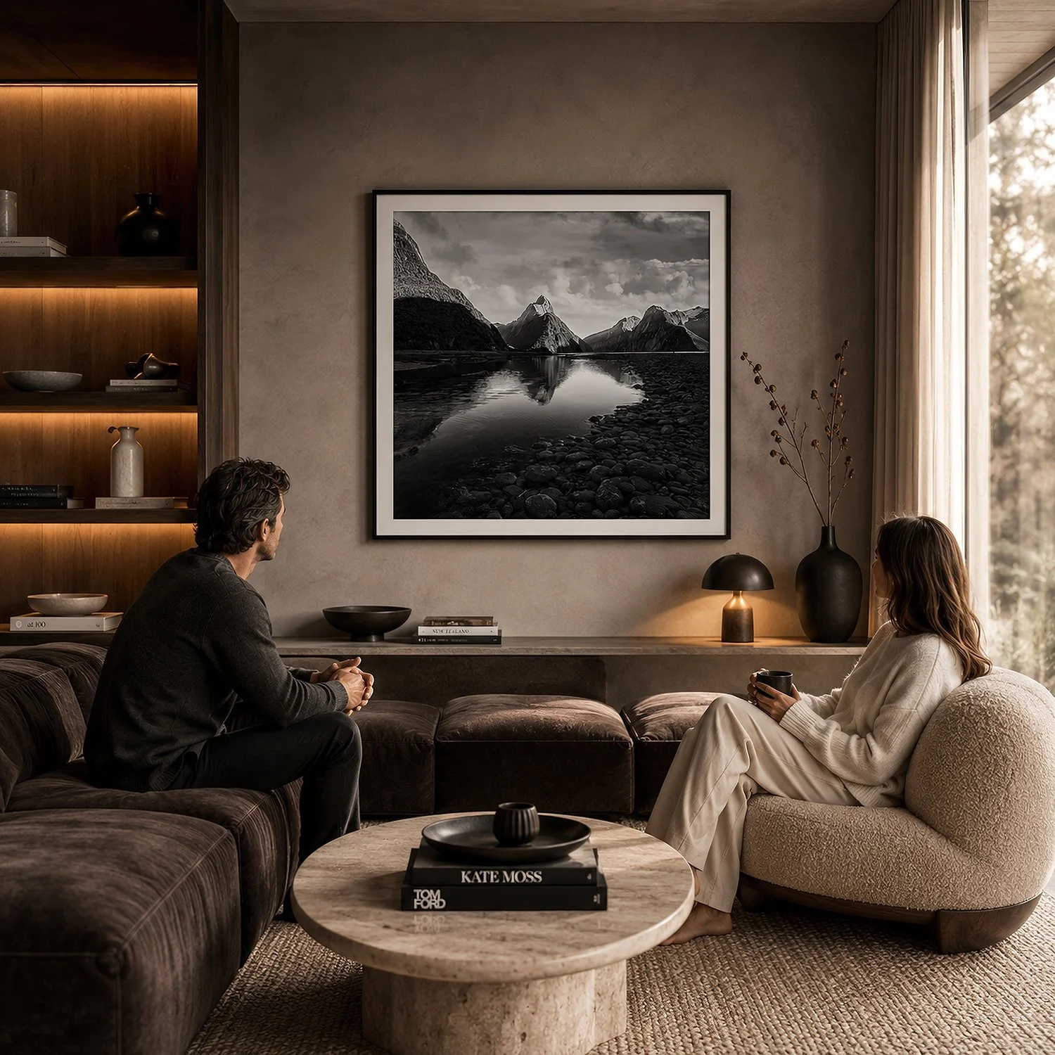 Framed square black-and-white Milford Sound photograph displayed in a warm modern living room with two people seated beneath softly lit timber shelving by Nick Psomiadis at NIKART Studio and Gallery