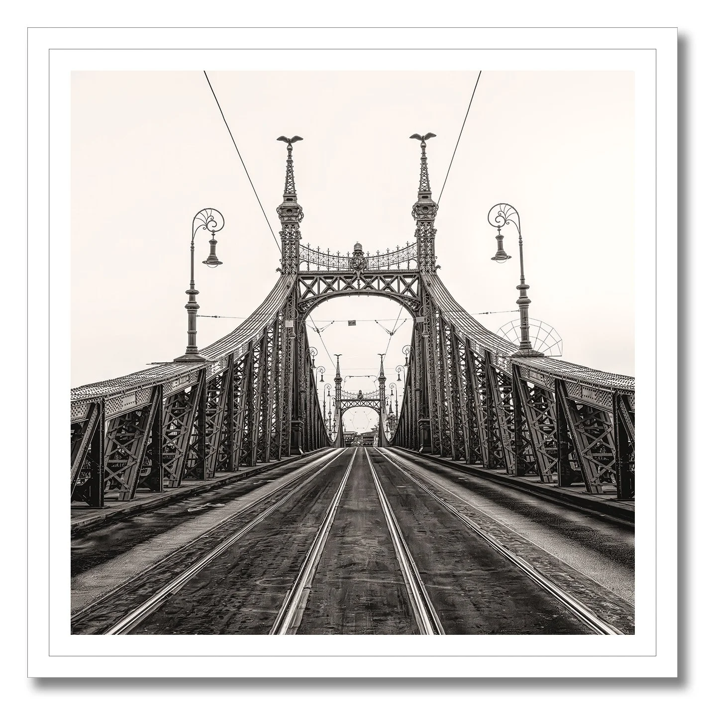 Black and white photograph of Liberty Bridge in Budapest with tramlines