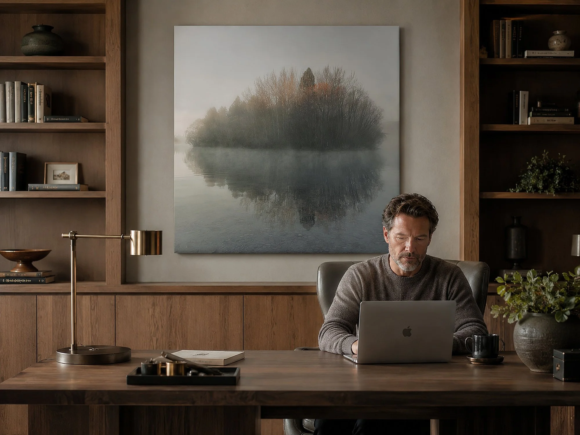 Square misty island canvas print displayed in a refined timber study, with a man working behind a large desk, built-in bookshelves and warm ambient lighting by Nick Psomiadis at NIKART Studio and Gallery
