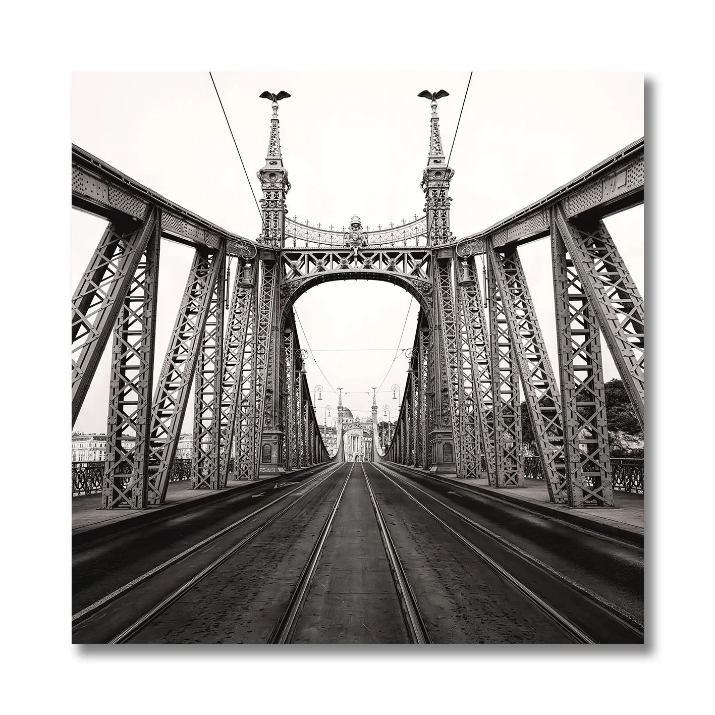 Black and white photograph of Liberty Bridge in Budapest with tramlines