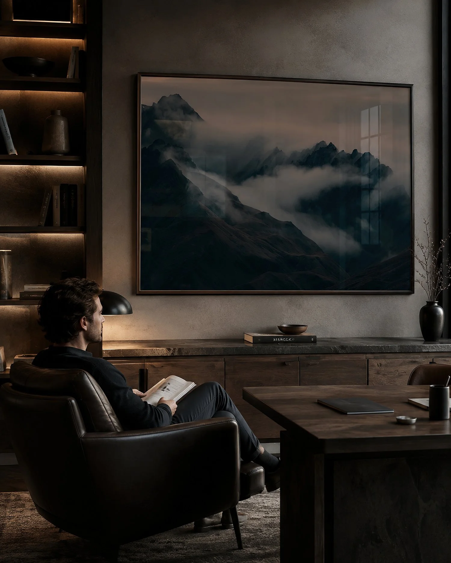 Framed misty mountain photograph with dark alpine peaks and drifting cloud in a moody luxury study with warm shelving, dark timber furniture and a seated man reading, by Nick Psomiadis at NIKART Studio and Gallery