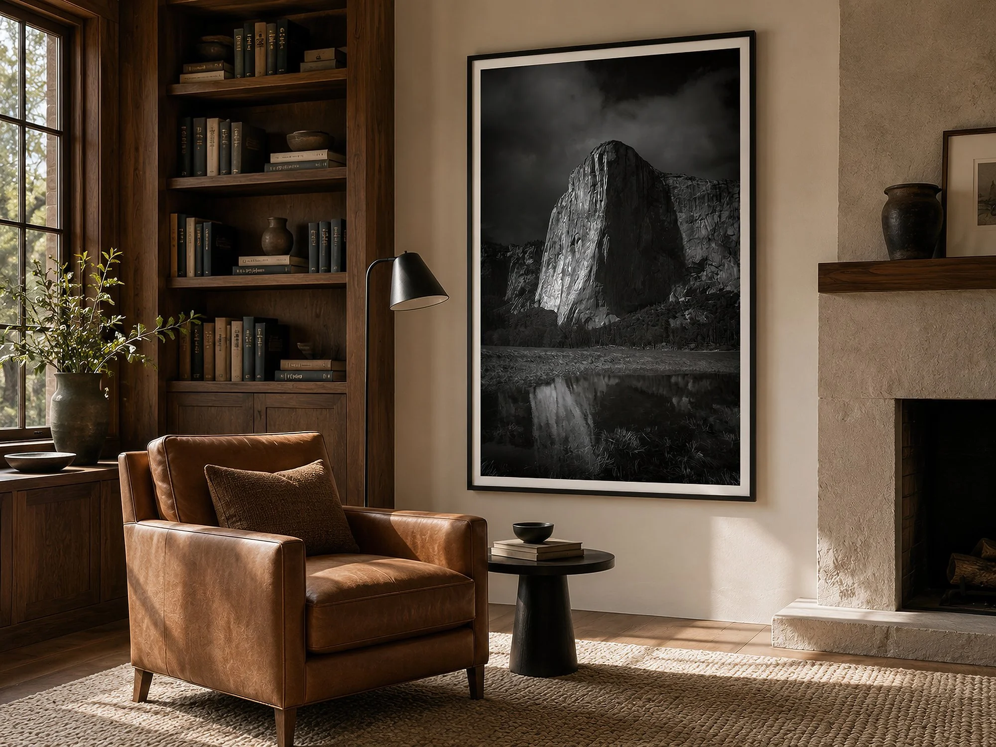 Framed black-and-white El Capitan photograph displayed in a warm rustic reading room with a leather armchair and fireplace.