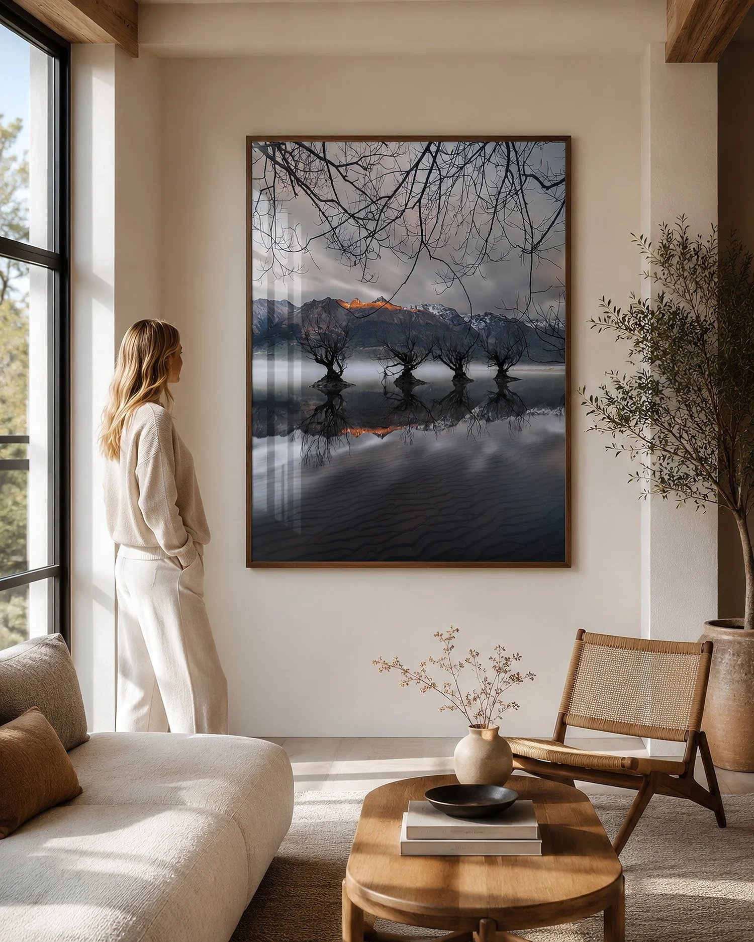 Bright modern living room with a woman viewing a framed willow tree and mountain reflection photograph with glass reflections by Nick Psomiadis at NIKART Studio and Gallery