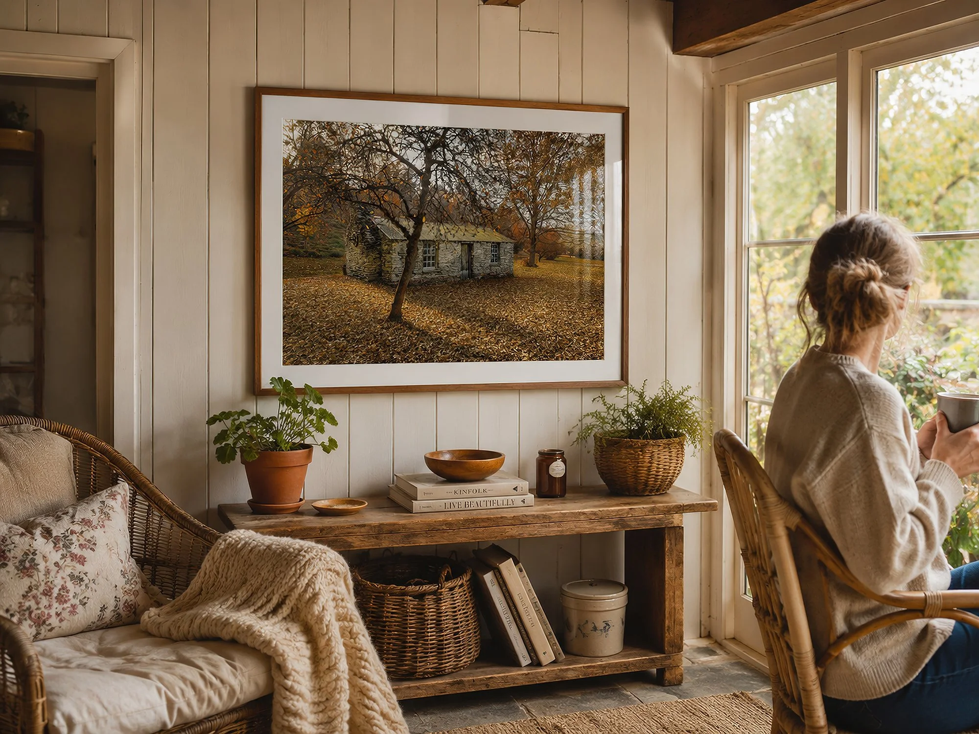 Framed autumn stone cottage photograph displayed in a cosy sunroom with wicker seating, rustic timber furniture and a woman looking out the window by Nick Psomiadis at NIKART Studio and Gallery