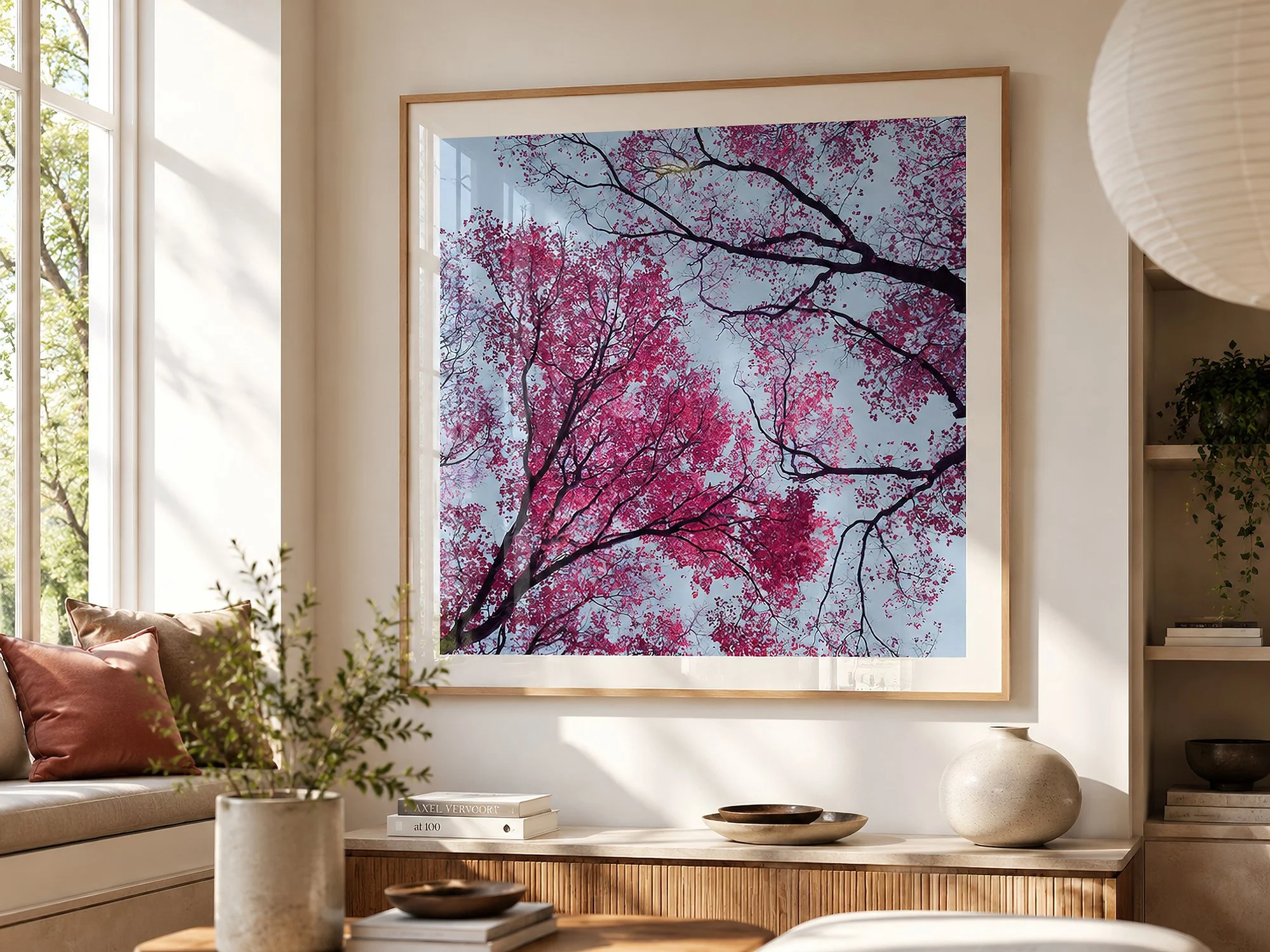 Framed infrared tree canopy photograph with crimson foliage displayed in a bright minimalist reading nook with pale timber cabinetry and soft natural light by Nick Psomiadis at NIKART Studio and Gallery