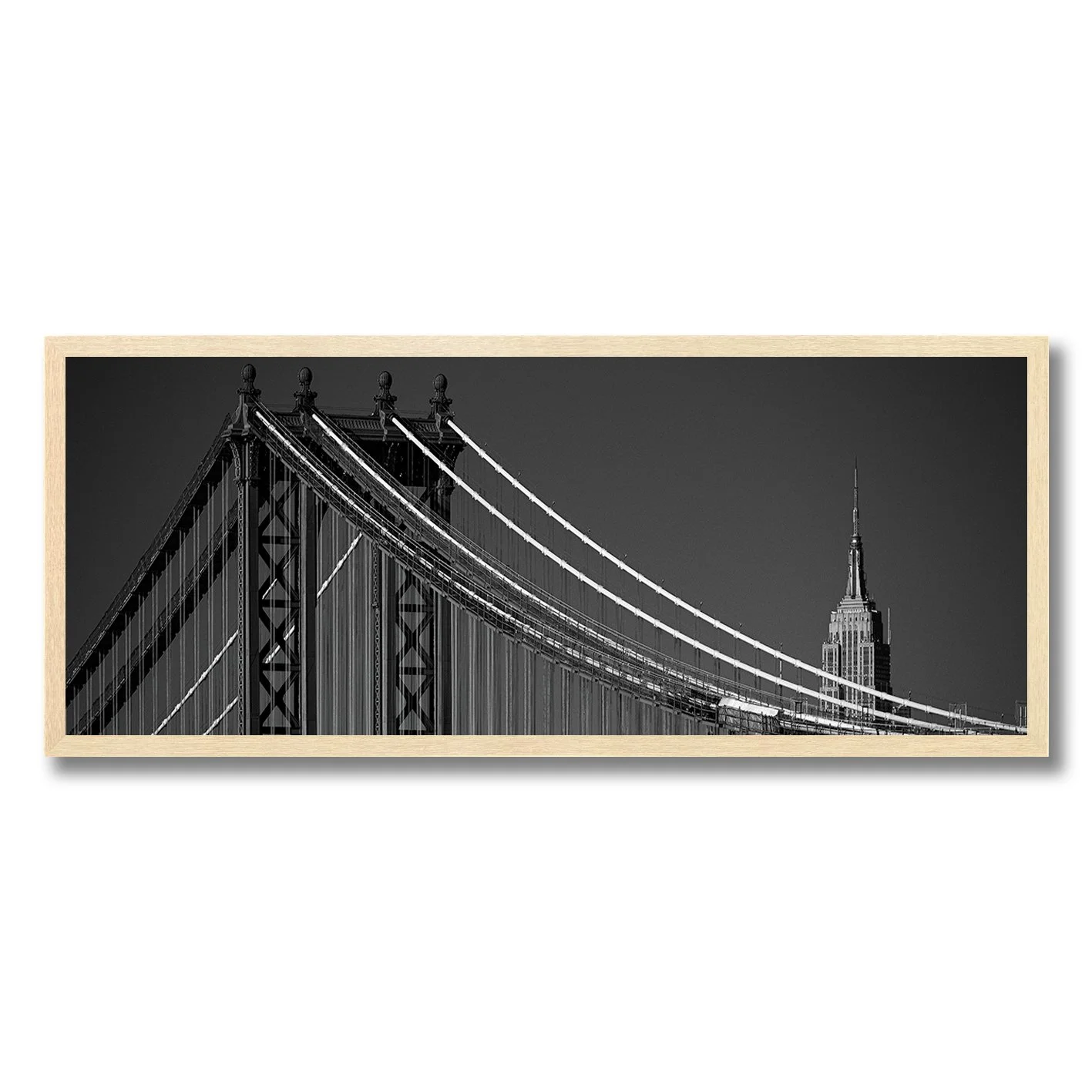 Black and white panoramic photograph of Manhattan Bridge and Empire State Building