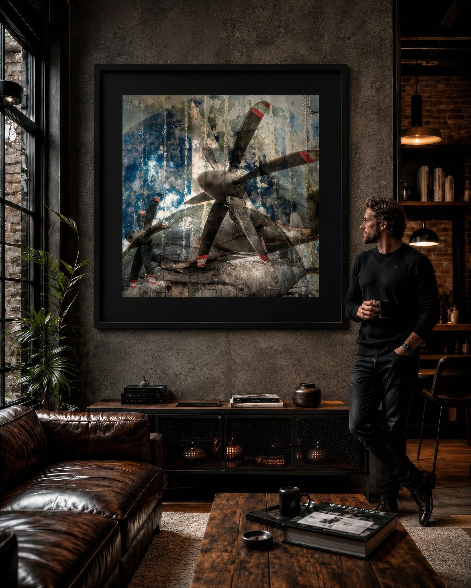 Large square aviation photograph with wide black mat board and frame displayed in a moody loft with leather seating by Nick Psomiadis at NIKART Studio and Gallery