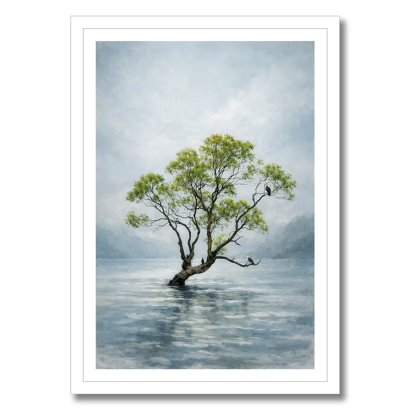 Photograph of the Wanaka Tree in water with a soft painterly effect and misty background