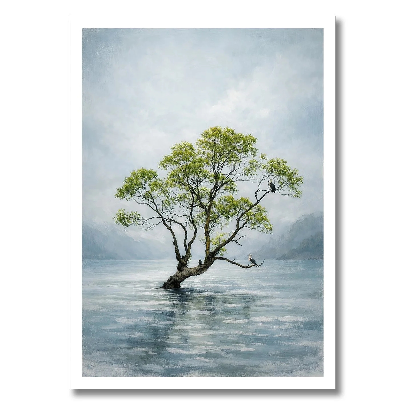 Photograph of the Wanaka Tree in water with a soft painterly effect and misty background