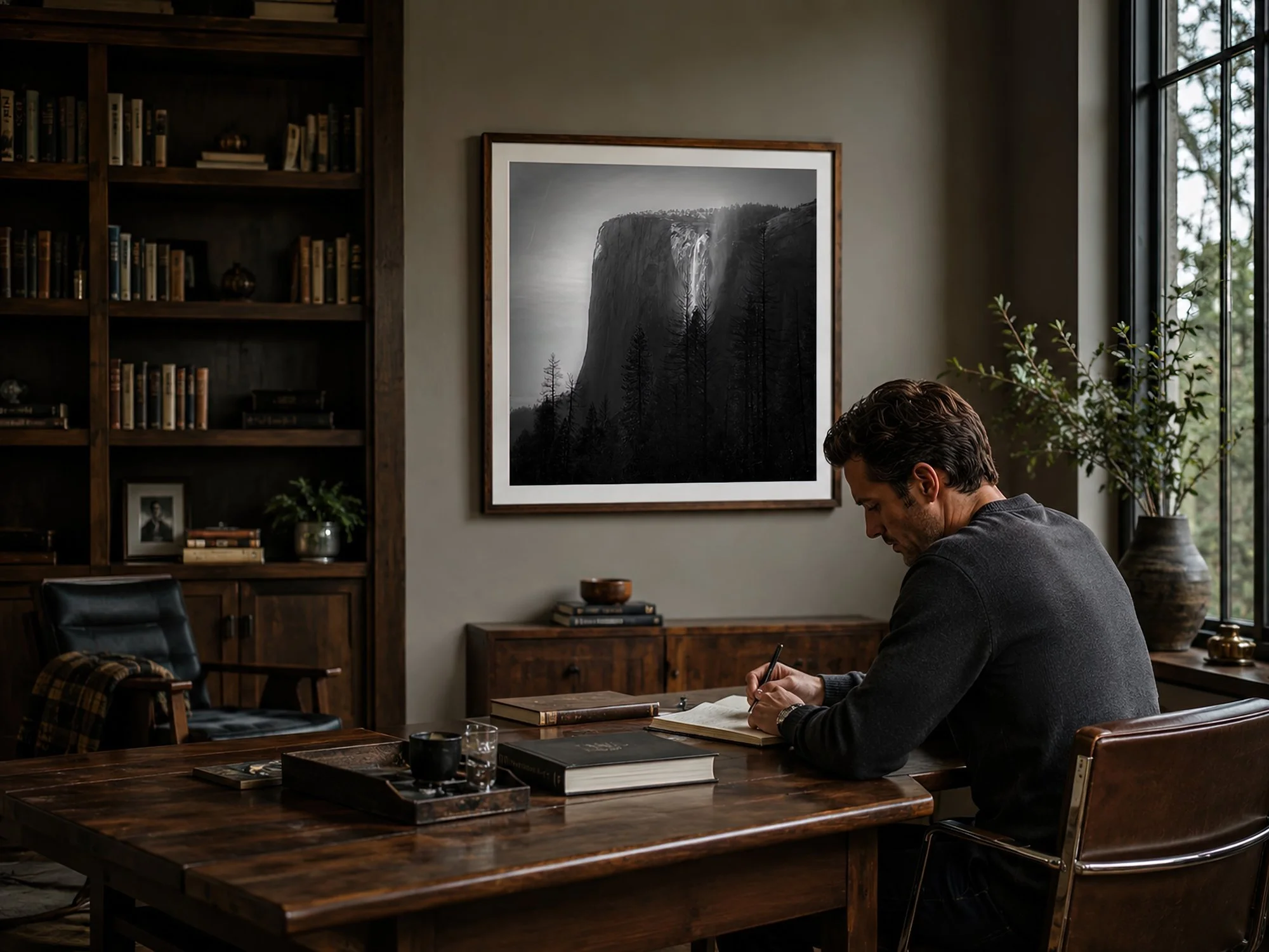 Warm masculine study with a man writing beneath a timber-framed monochrome Yosemite waterfall photograph by Nick Psomiadis at NIKART Studio and Gallery