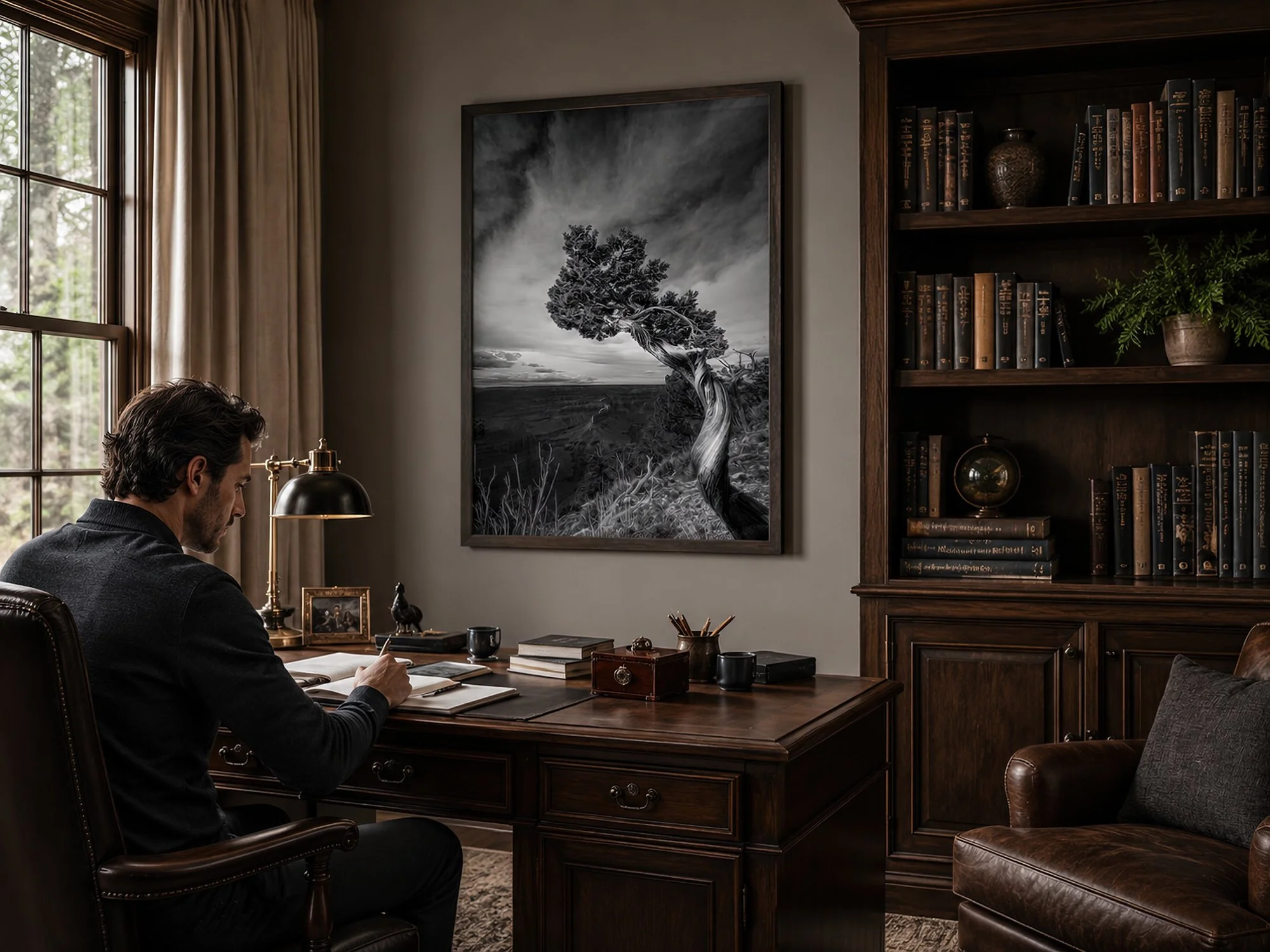 Moody timber study with a man writing beneath a dark-framed monochrome Grand Canyon tree photograph by Nick Psomiadis at NIKART Studio and Gallery