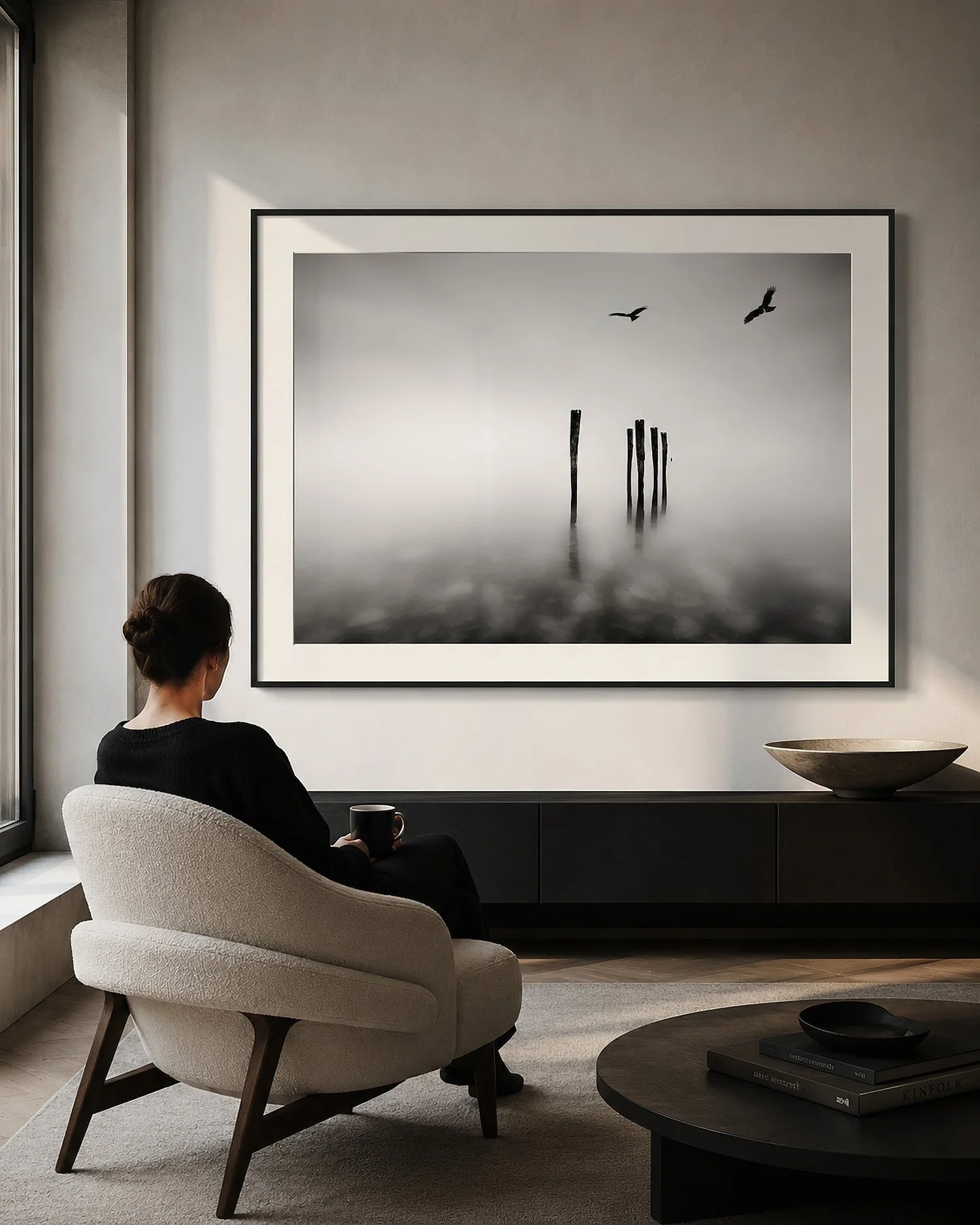 Black and white fine art photograph of timber posts and soaring birds over misty waters at Kingscote, Kangaroo Island, Nick Psomiadis at NIKART Studio and Gallery.