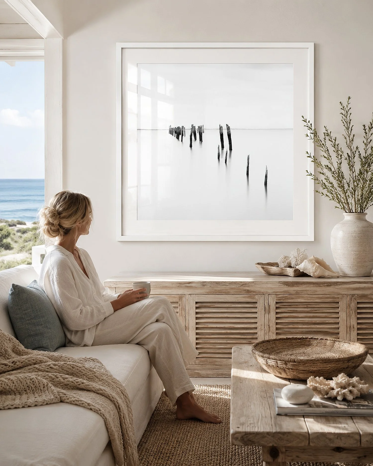 Coastal living room interior with a seated woman beside a white-framed black and white photograph of weathered pylons in still water at Tenby Point, by Nick Psomiadis at NIKART Studio and Gallery.