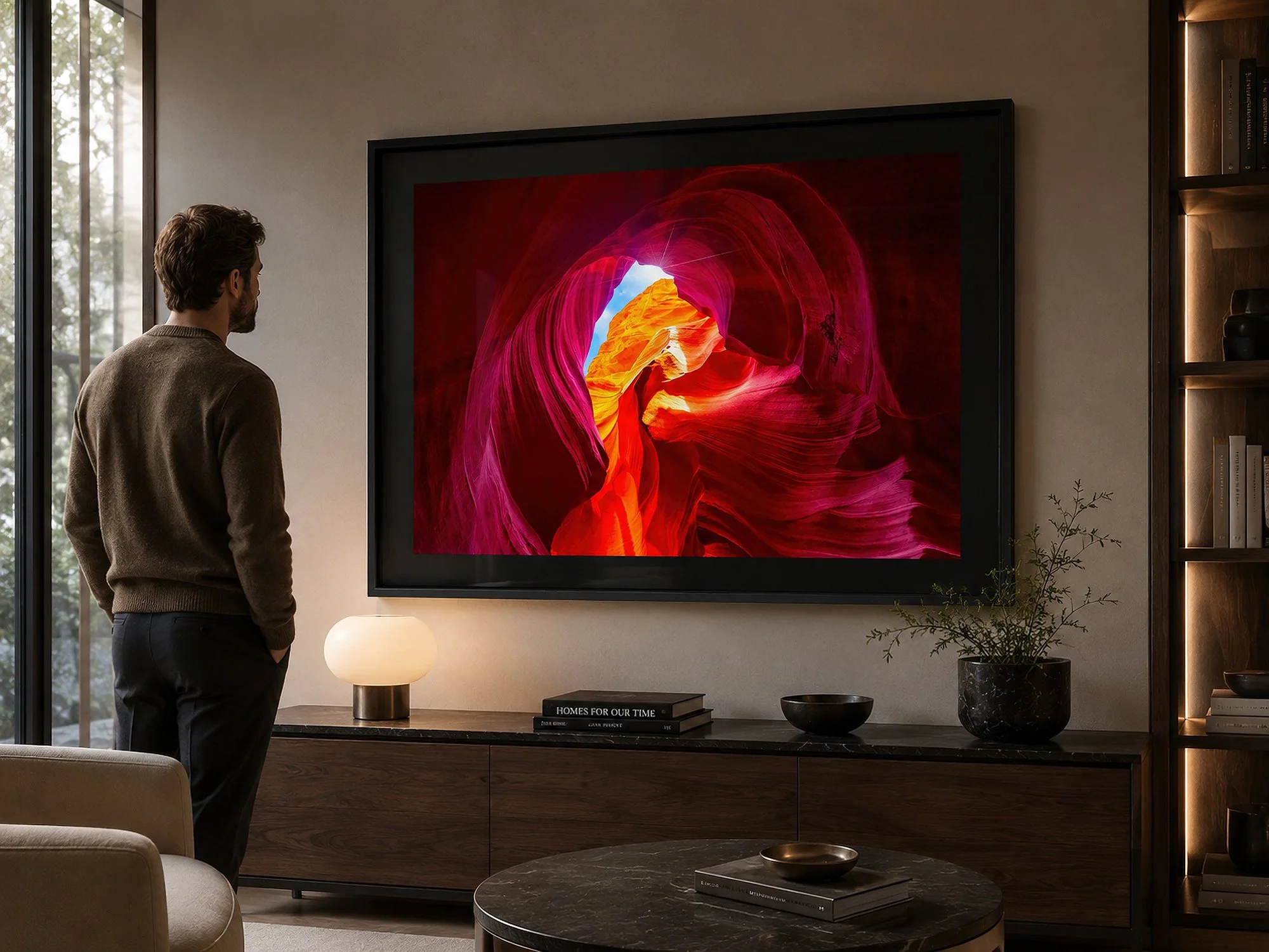 Framed Antelope Canyon photograph with a black mat displayed in a contemporary study with a man standing nearby.