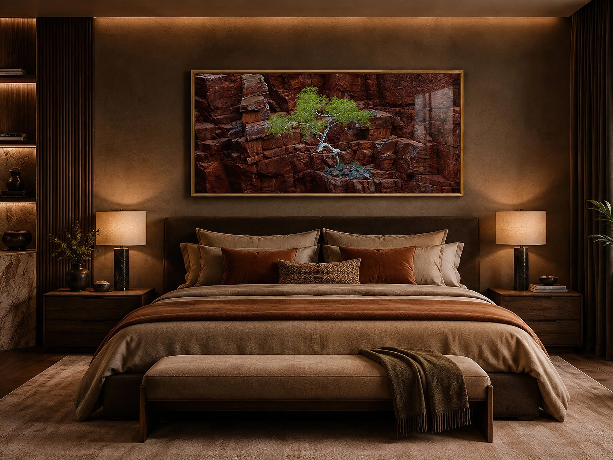 Gold timber-framed photograph of a pale eucalyptus tree against rugged red rock cliffs, displayed above a king-size bed in a moody luxury bedroom with warm ambient lighting and rich timber finishes by Nick Psomiadis at NIKART Studio and Gallery