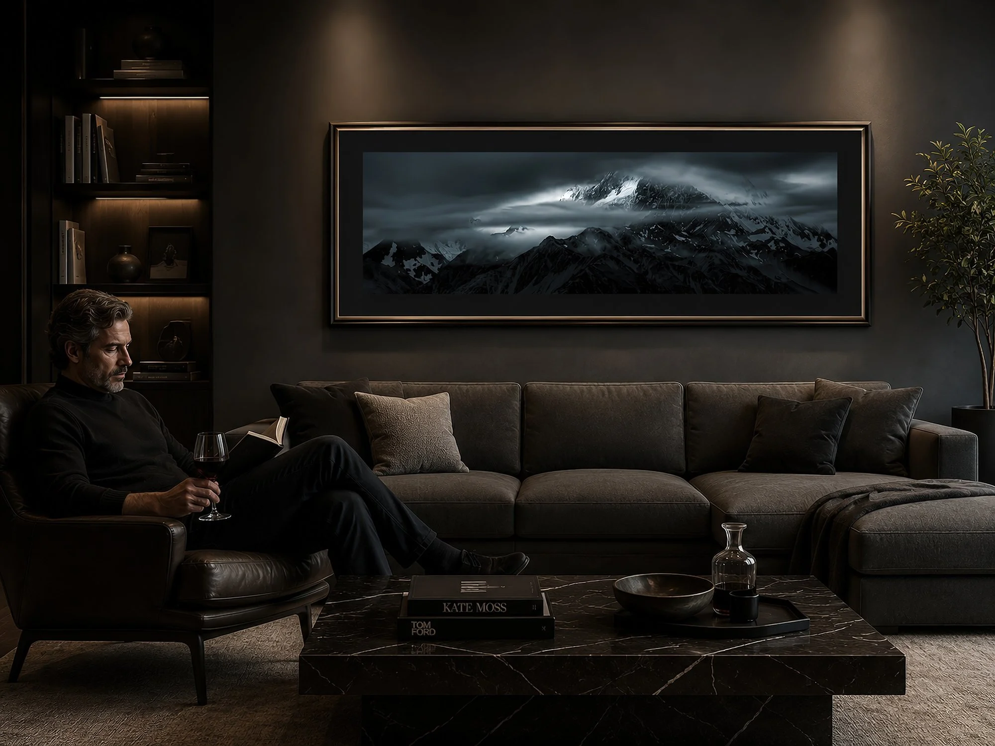 A black and white panoramic view of New Zealand's Southern Alps, framed in a luxury frame is available to buy created by Nick Psomiadis, fine art photographer at NIKART.