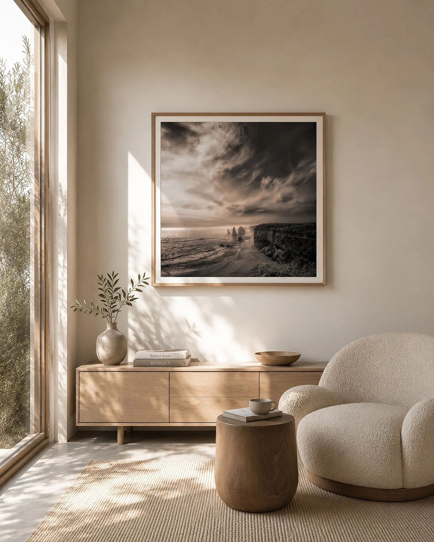 Square framed photograph of the Twelve Apostles in a darker timber frame, displayed in a sunlit minimalist living room with neutral furnishings, by Nick Psomiadis at NIKART Studio and Gallery